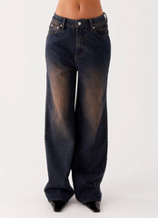 Back Again Straight Leg Denim Jeans - Brown Blue Acid Wash