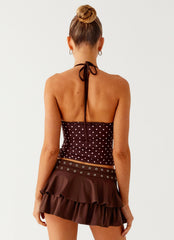 Bahama Eyelet Lace Up Top - Chocolate Strawberry Dot