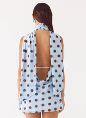 Get Me Halter Mini Dress - Blue Mocha Dot