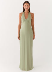 Heavy Hearted Satin Maxi Dress - Sage