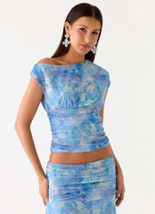 Liana Asymmetrical Top - Aqua Paisley