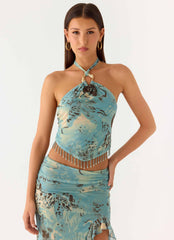 Lloyd Beaded Halter Top - Aqua Blur