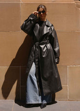 Out On The Town Faux Leather Midi Trench - Black