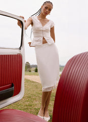 Rina Low Rise Satin Midi Skirt - White