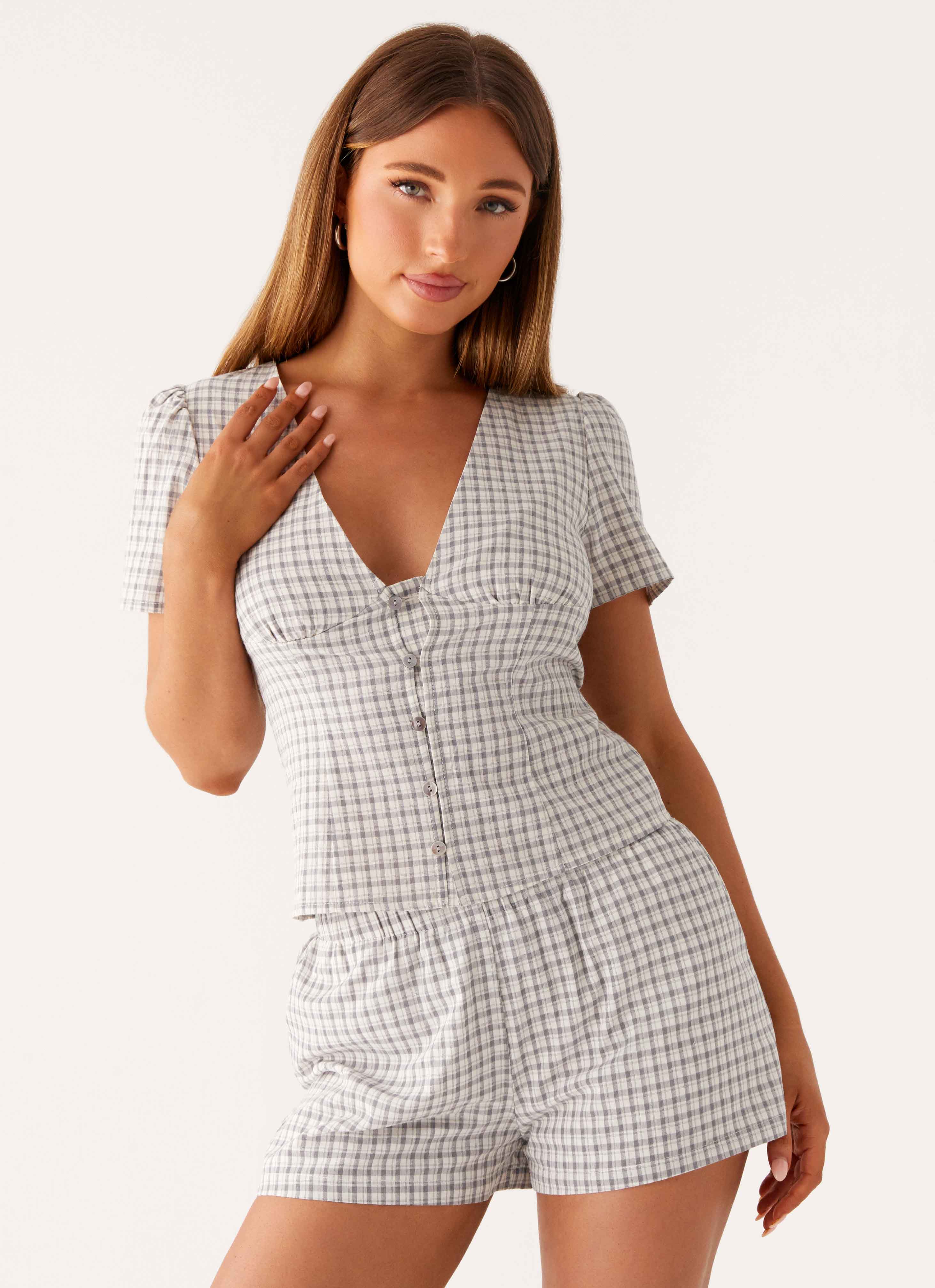 Adalina Button Up Top - Grey Check
