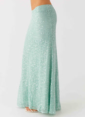 Amoura Sequin Low Rise Maxi Skirt - Mint Sage