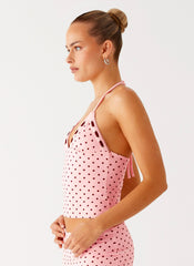 Bahama Eyelet Lace Up Top - Strawberry Dot