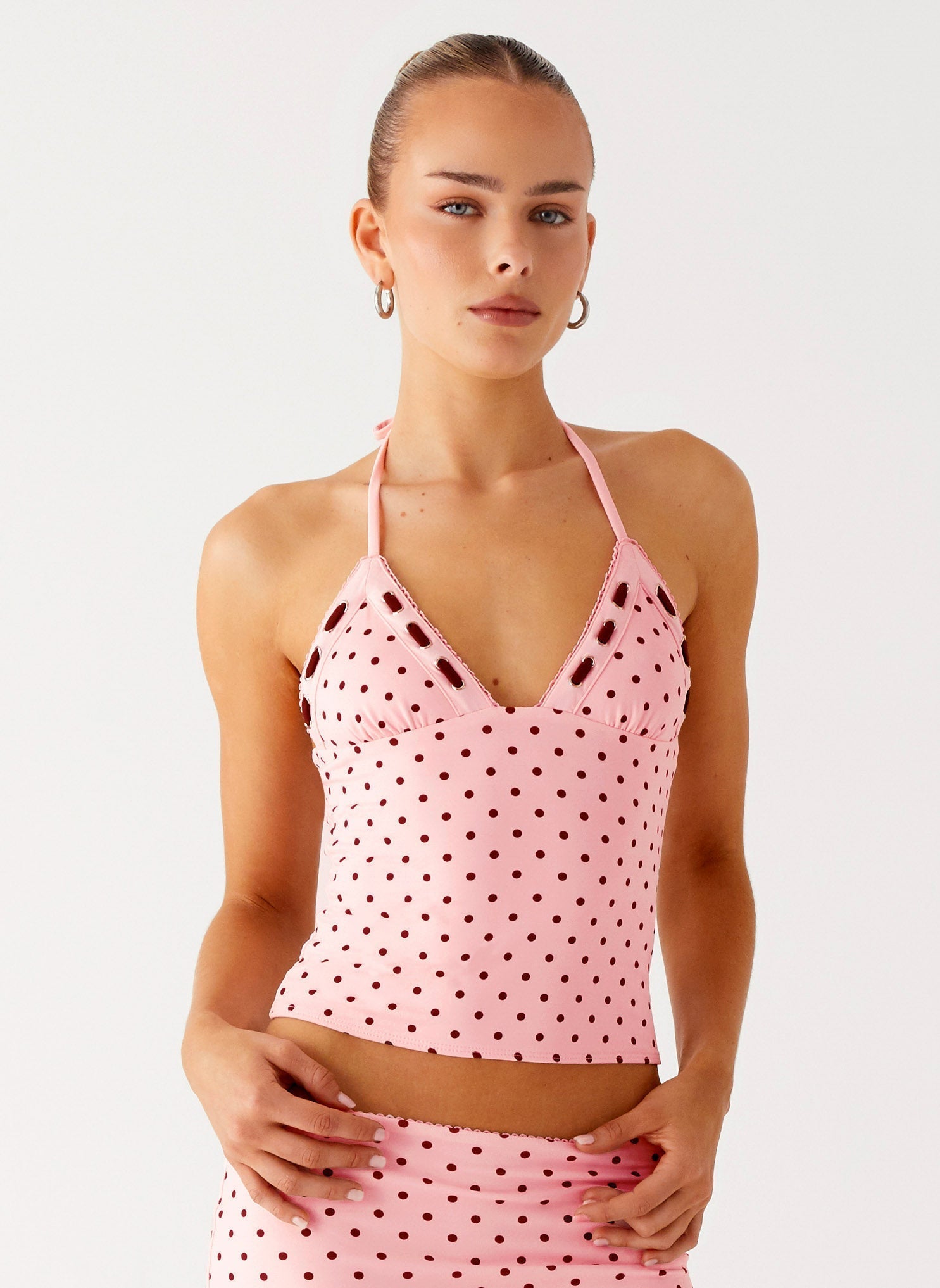 Bahama Eyelet Lace Up Top - Strawberry Dot