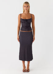 Bahama Low Rise Midi Skirt - Black Polkadot