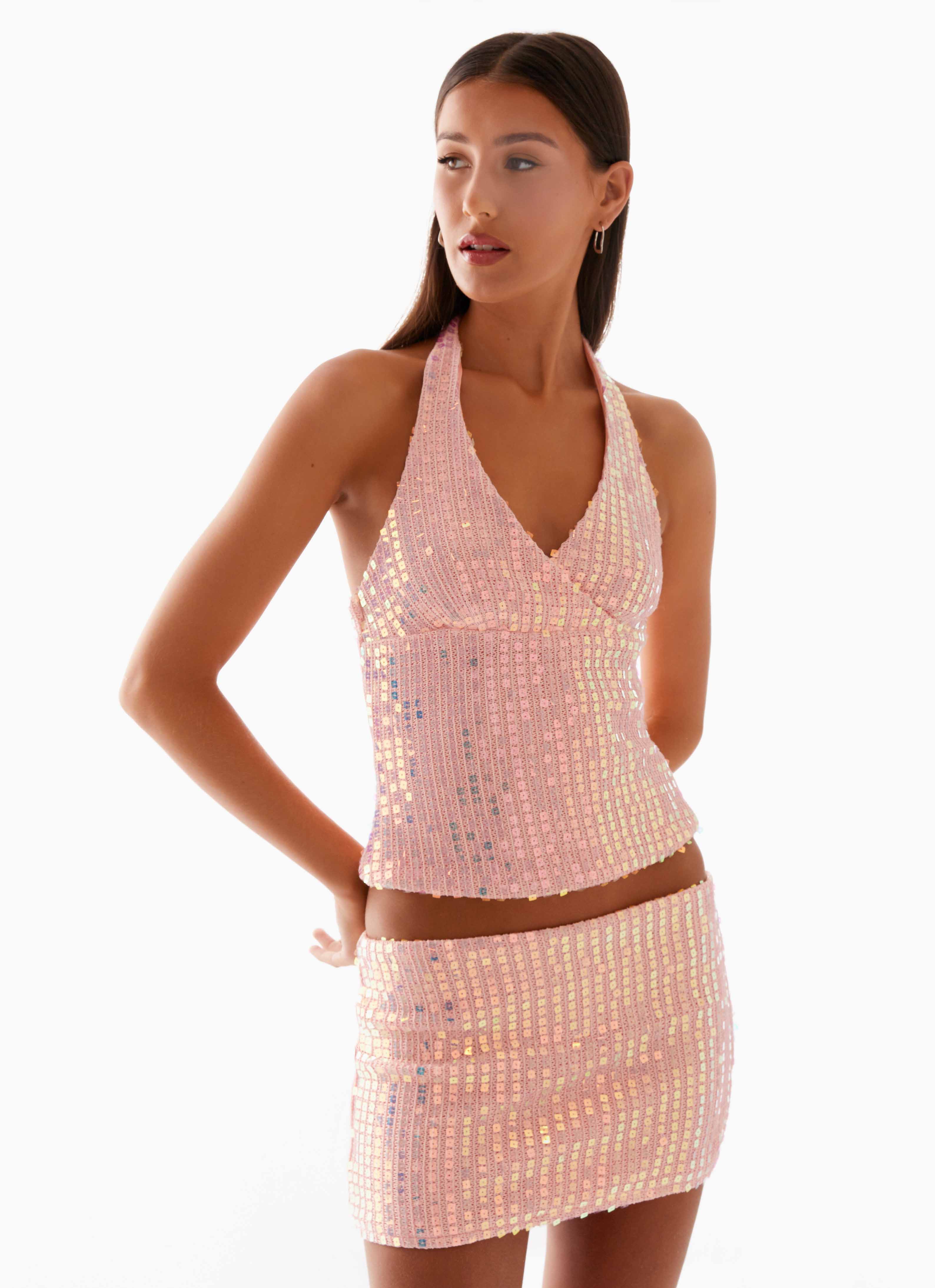 Been That Girl Halter Knit Sequin Top - Iridescent Pink