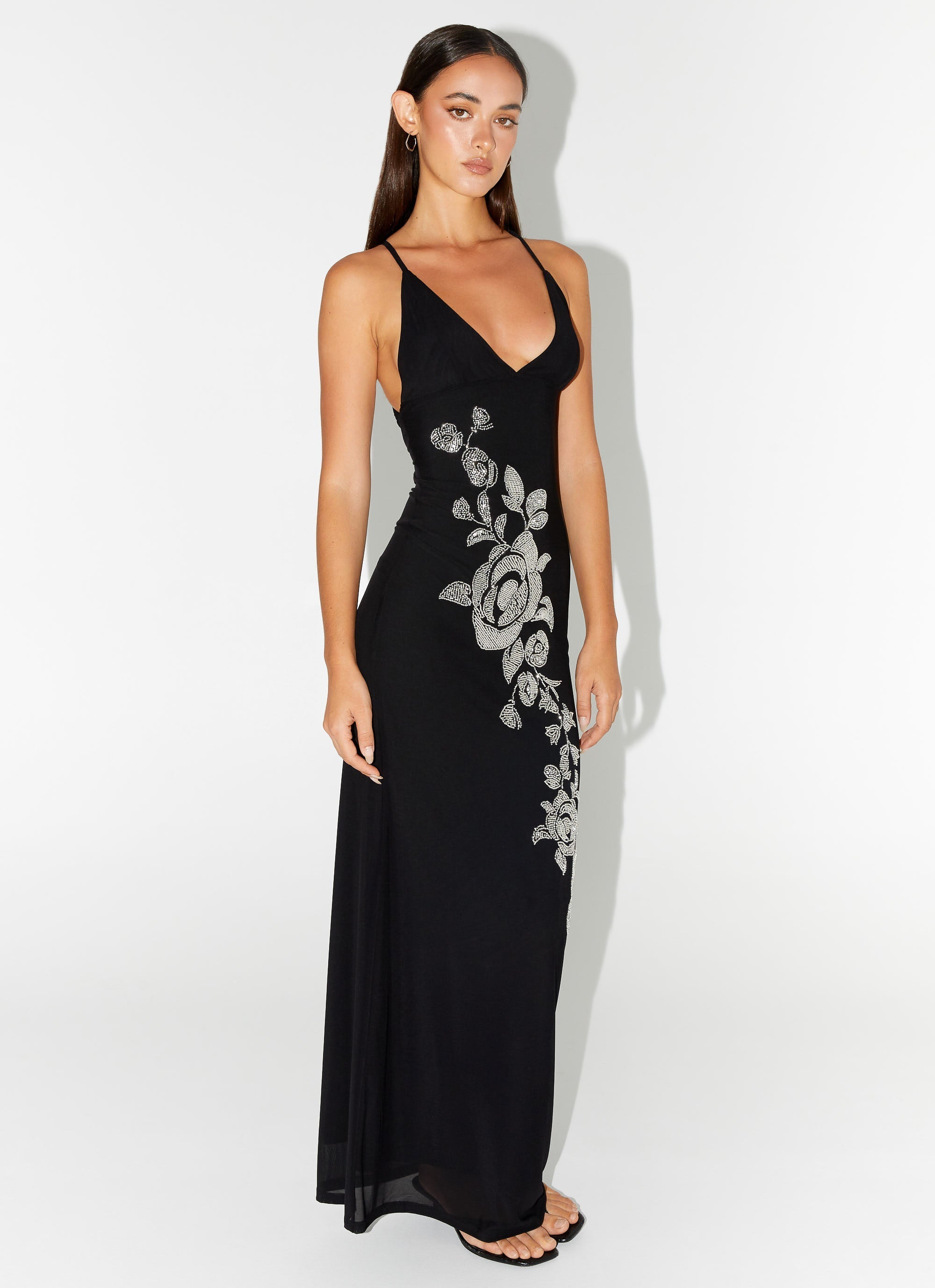 Beki Beaded Mesh Maxi Dress - Black