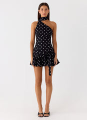 Belina Scarf Mini Dress - Black Polkadot