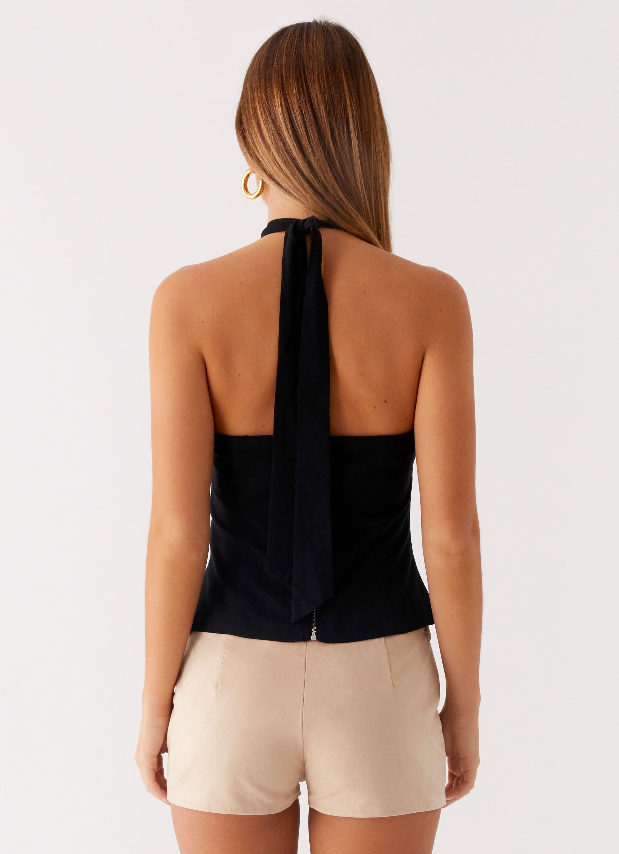 Catch Me Later Linen Halter Top - Black
