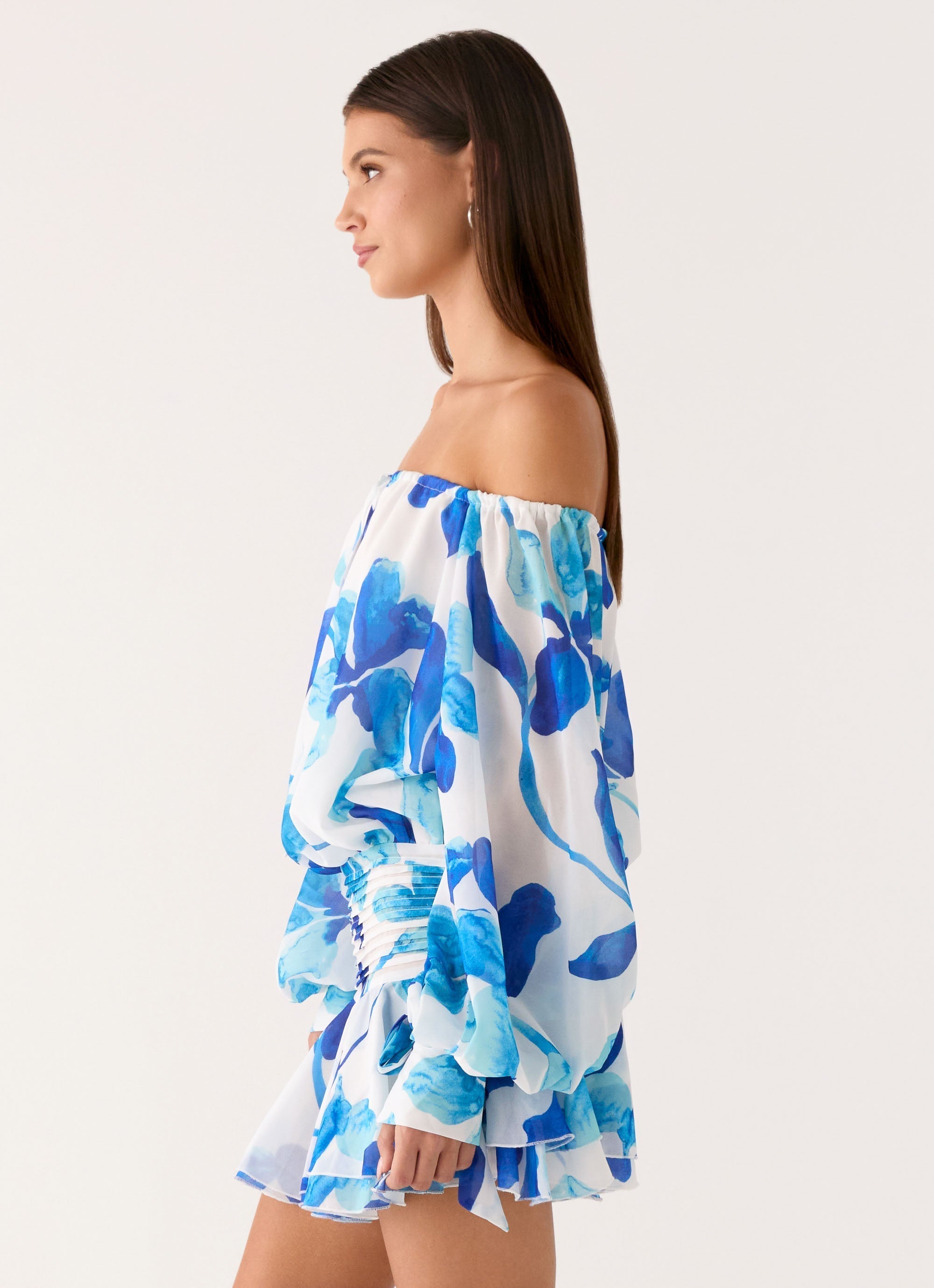 Eira Balloon Sleeve Mini Dress - Cerulean Bloom