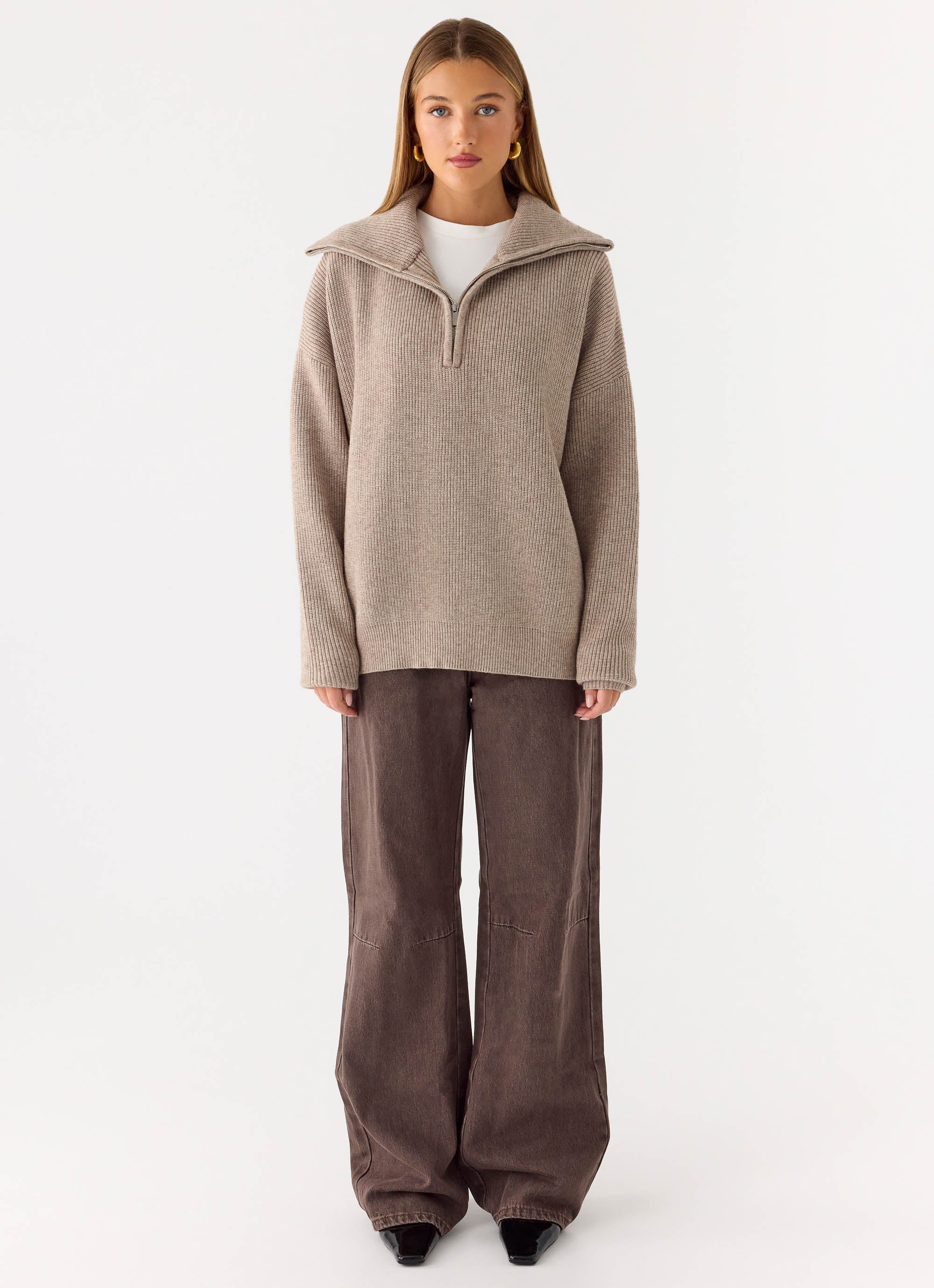 Eirena Quarter Zip Knit Sweater - Tan