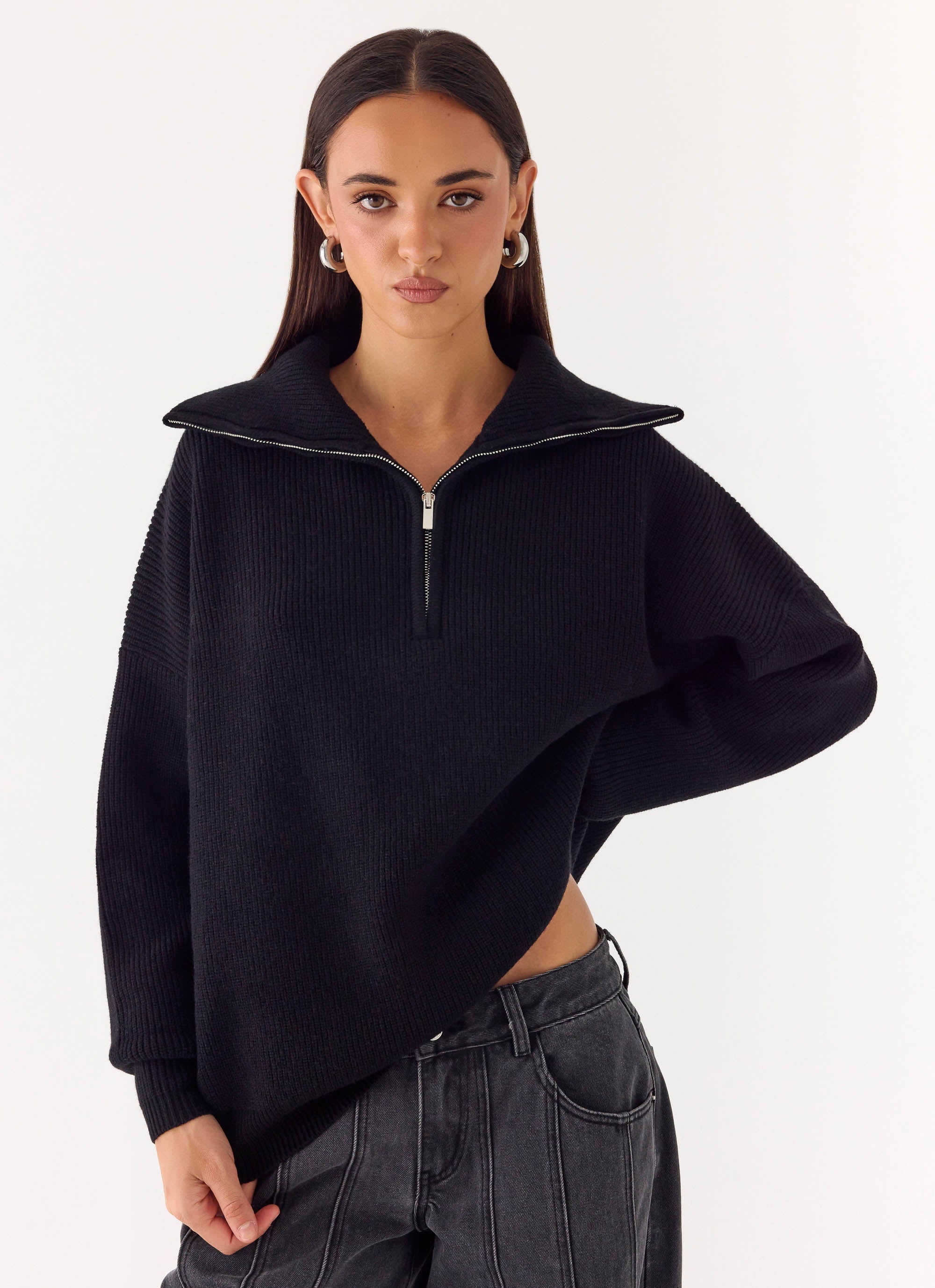 Eirena Quarter Zip Knit Sweater - Black