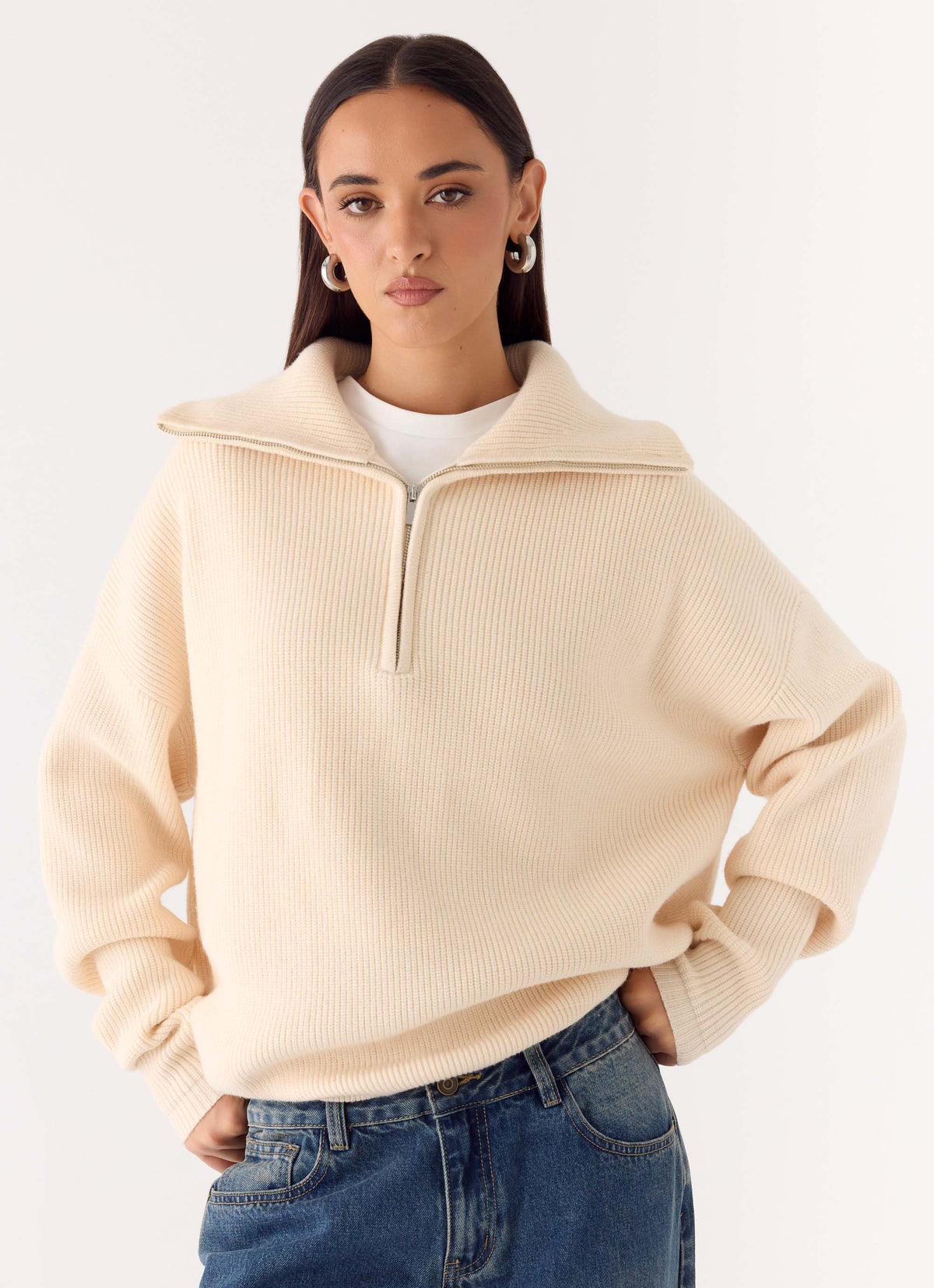Eirena Quarter Zip Knit Sweater - Cream