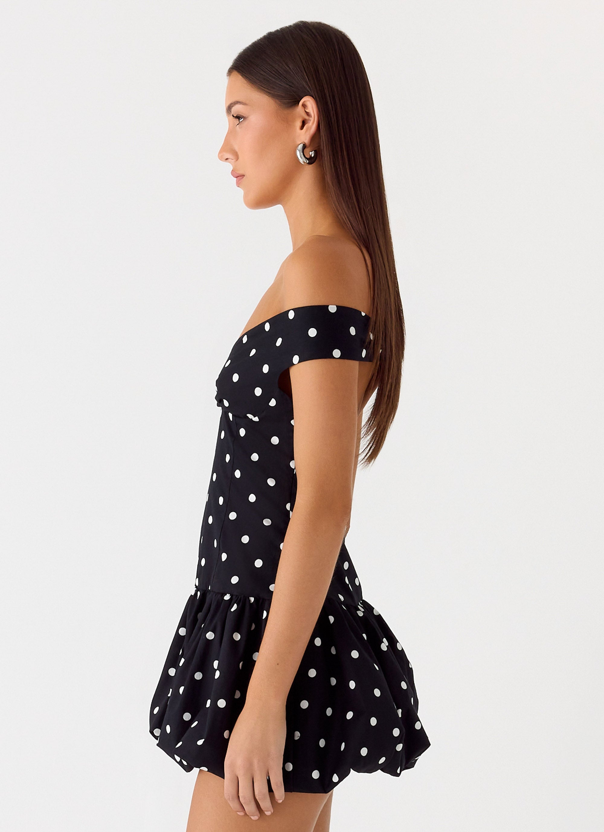 Endless Romance Off Shoulder Mini Dress - Black Polkadot