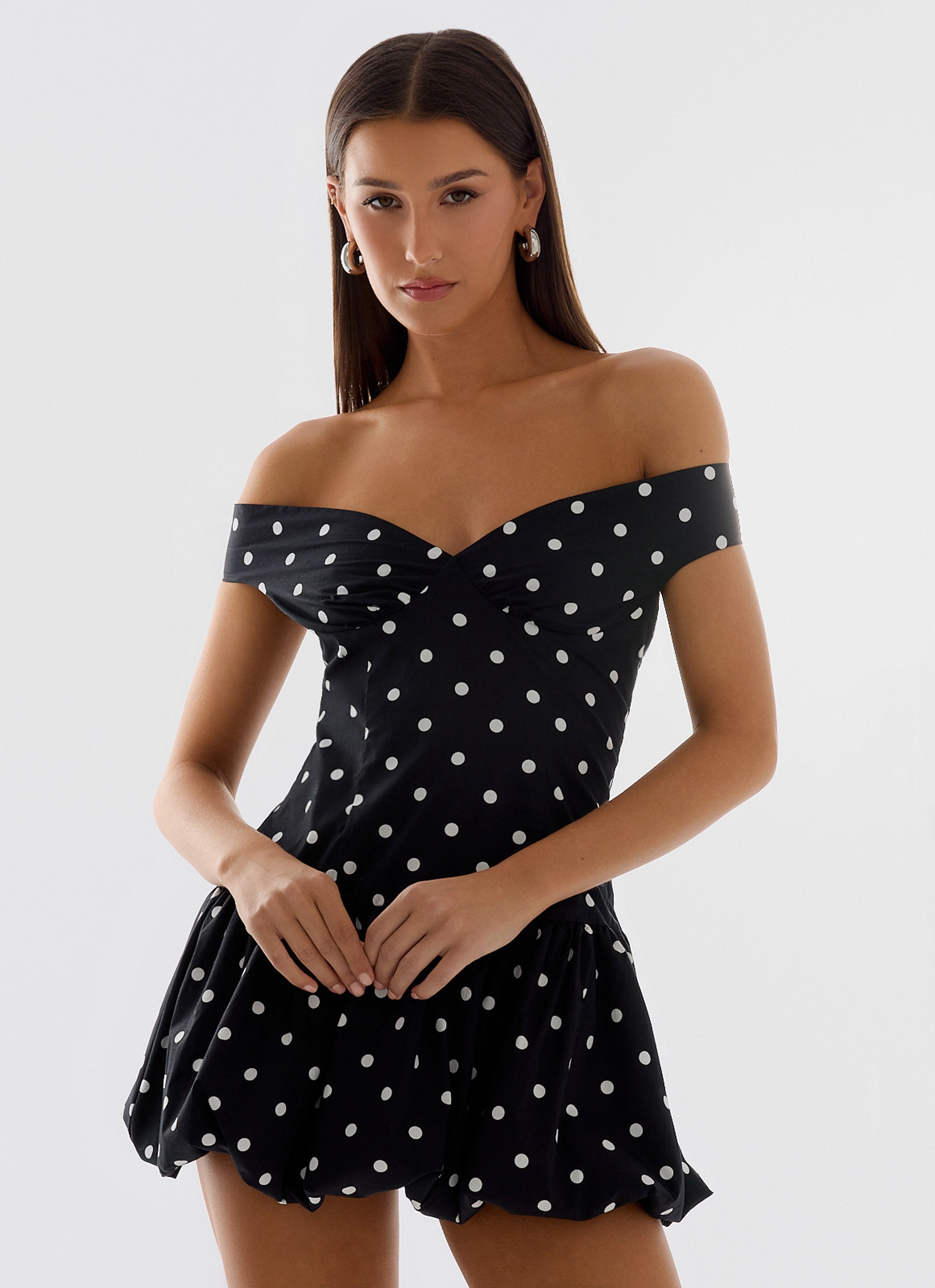 Endless Romance Off Shoulder Mini Dress - Black Polkadot