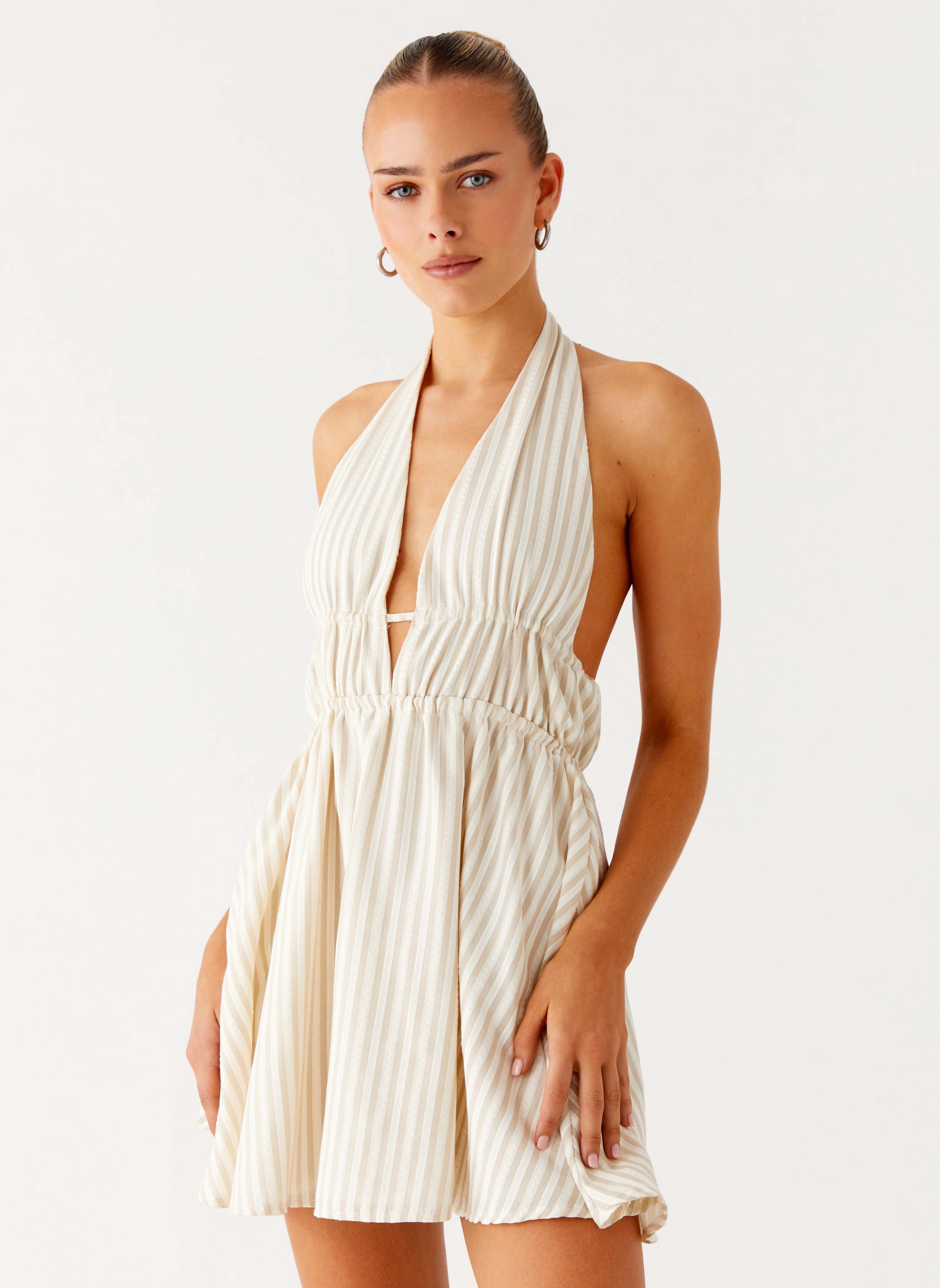 Figaro Halter Mini Dress - Taupe Stripe