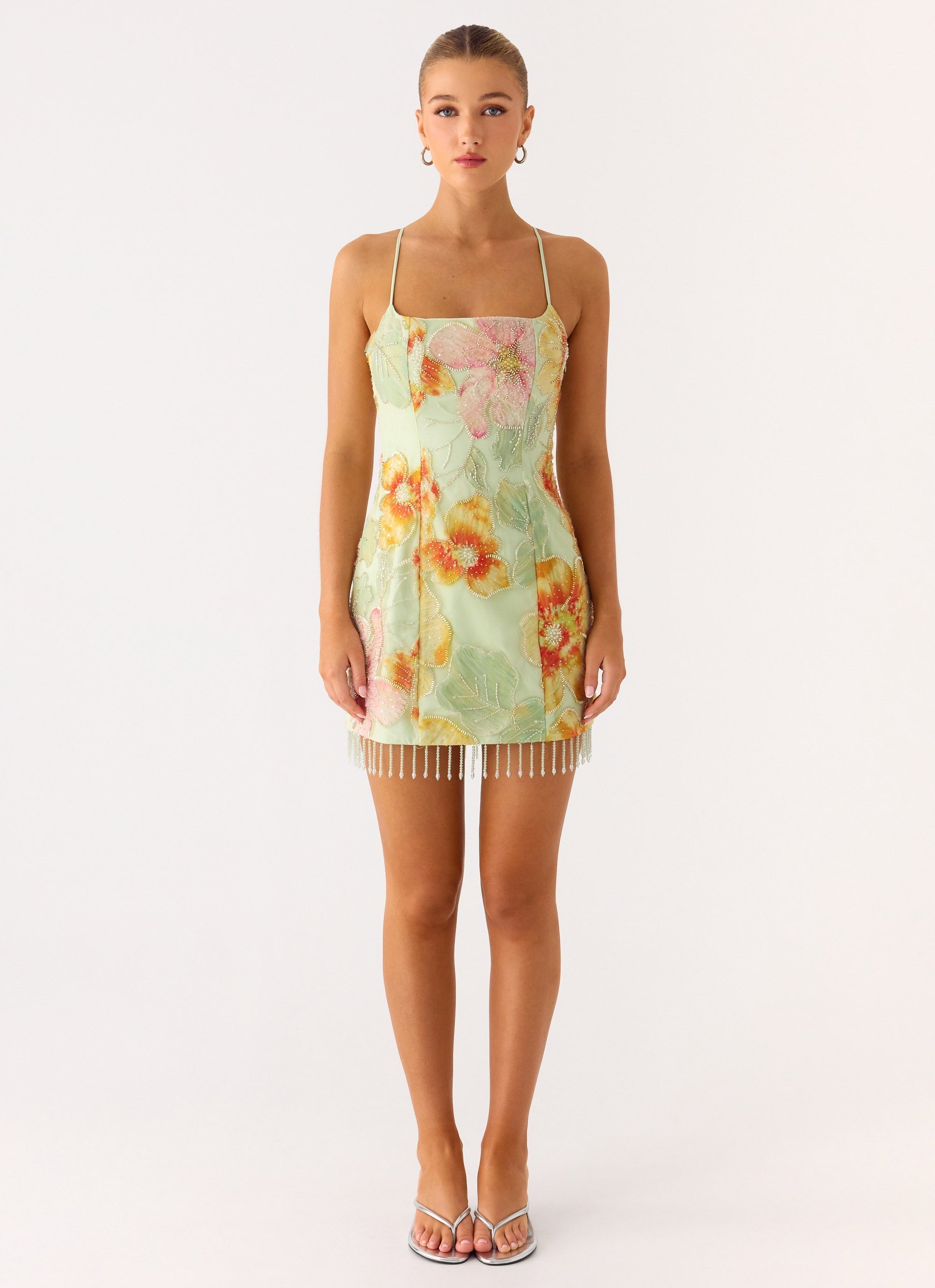 Gatiana Beaded Sequin Mini Dress - Green Floral Beaded