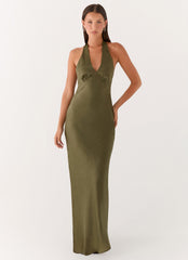 Heavy Hearted Satin Maxi Dress - Khaki