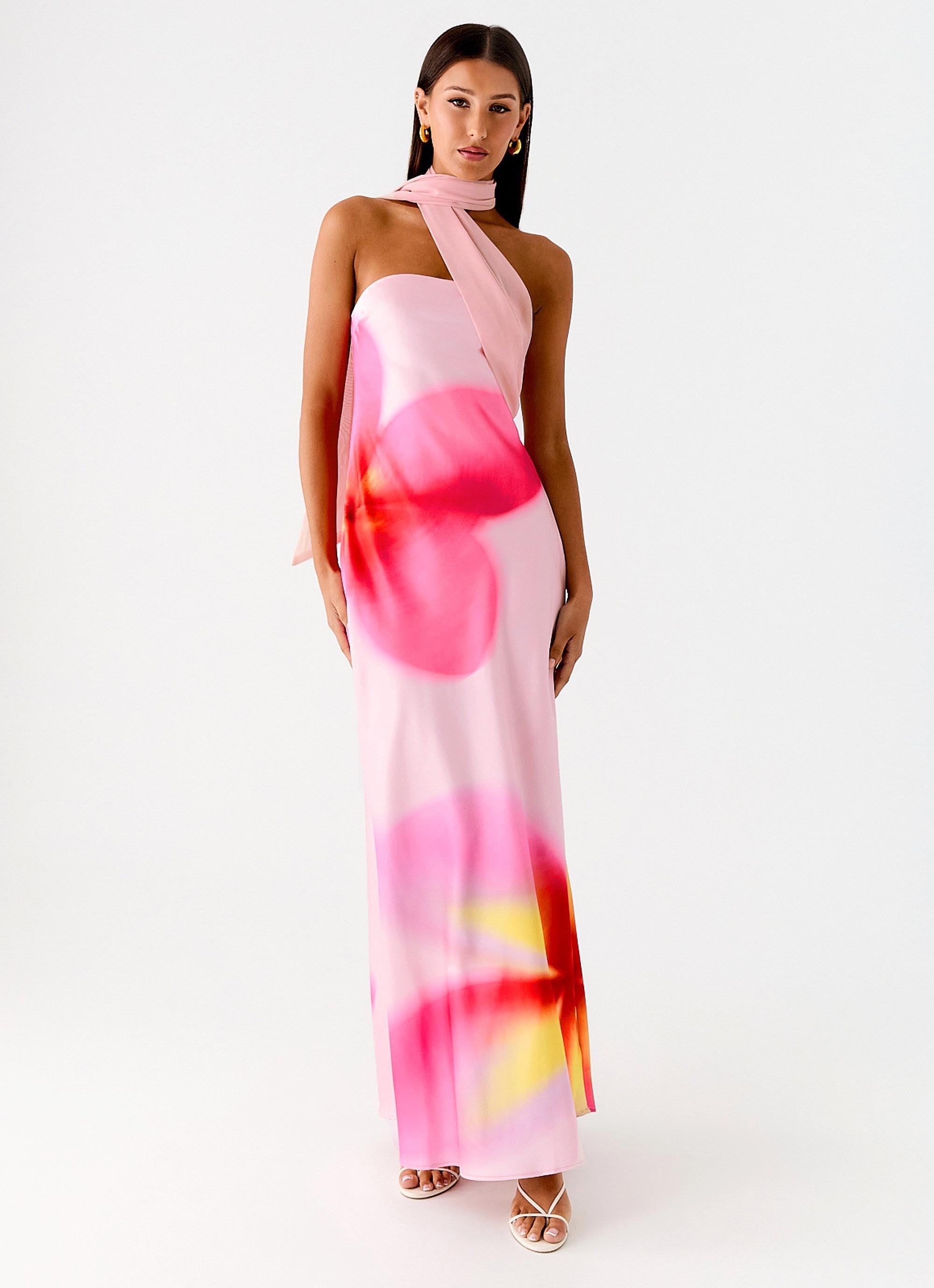 Isa Scarf Satin Maxi Dress - Frangipani Pink