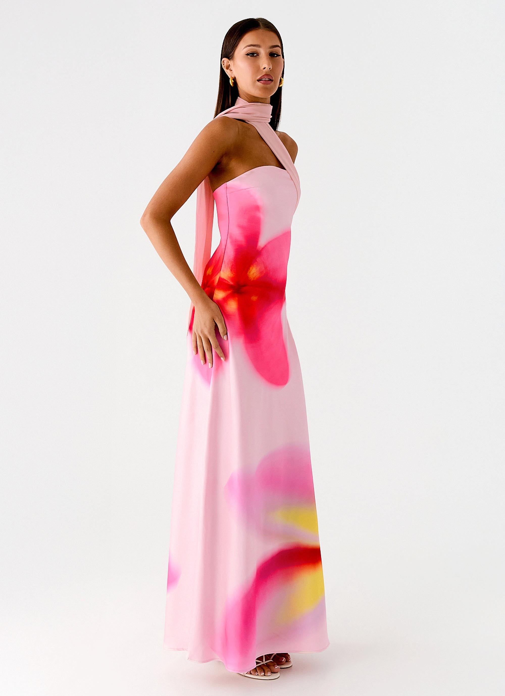 Isa Scarf Satin Maxi Dress - Frangipani Pink