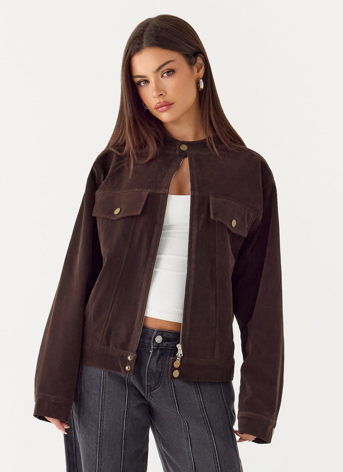 Jeremy Faux Suede Biker Jacket - Dark Chocolate