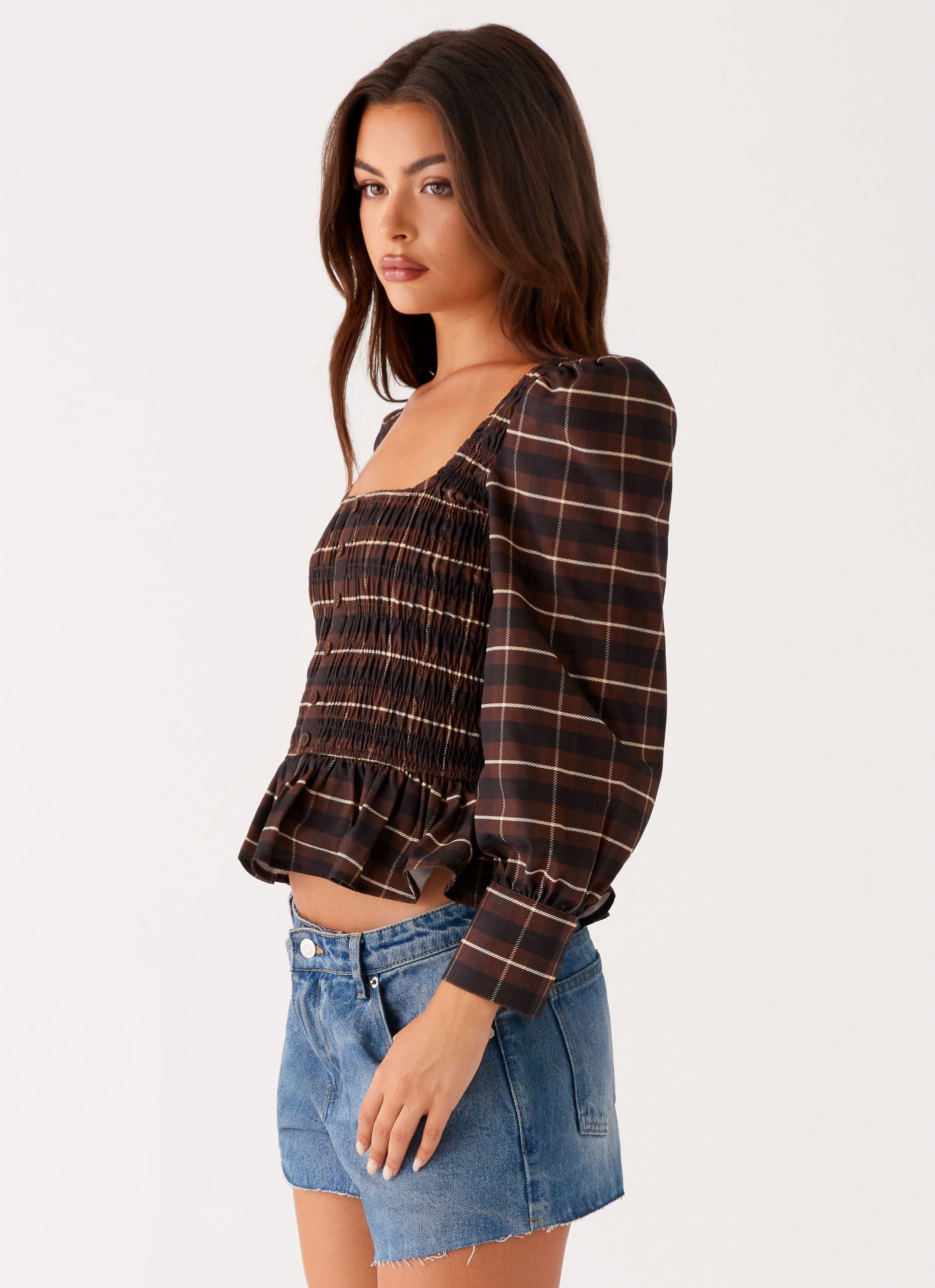 Joyce Long Sleeve Cotton Shirred Top - Chocolate Check