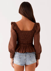 Joyce Long Sleeve Cotton Shirred Top - Chocolate