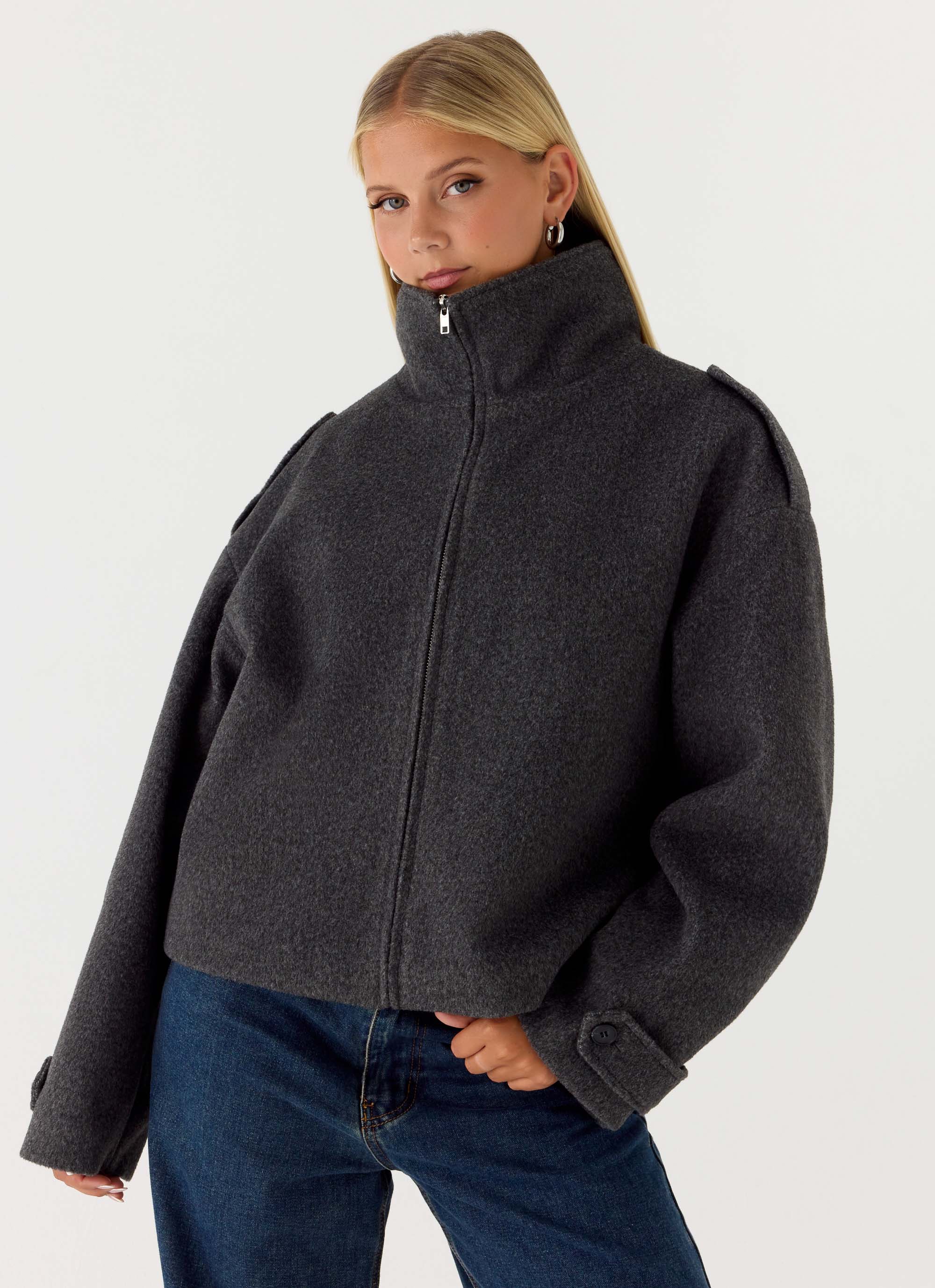 Kaiden Faux Wool Bomber Jacket - Charcoal