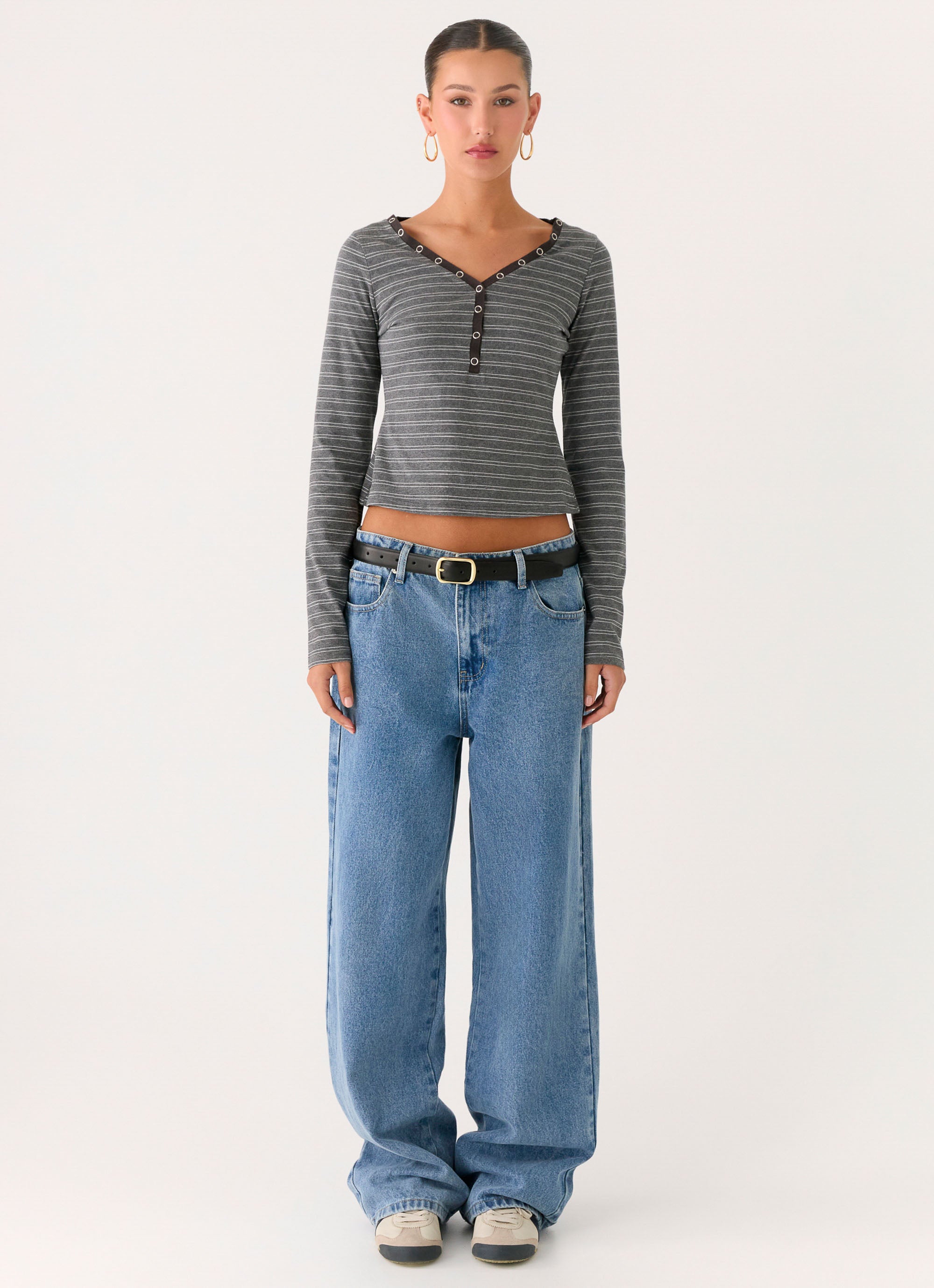Kaytra Long Sleeve Top - Grey Marle Stripe
