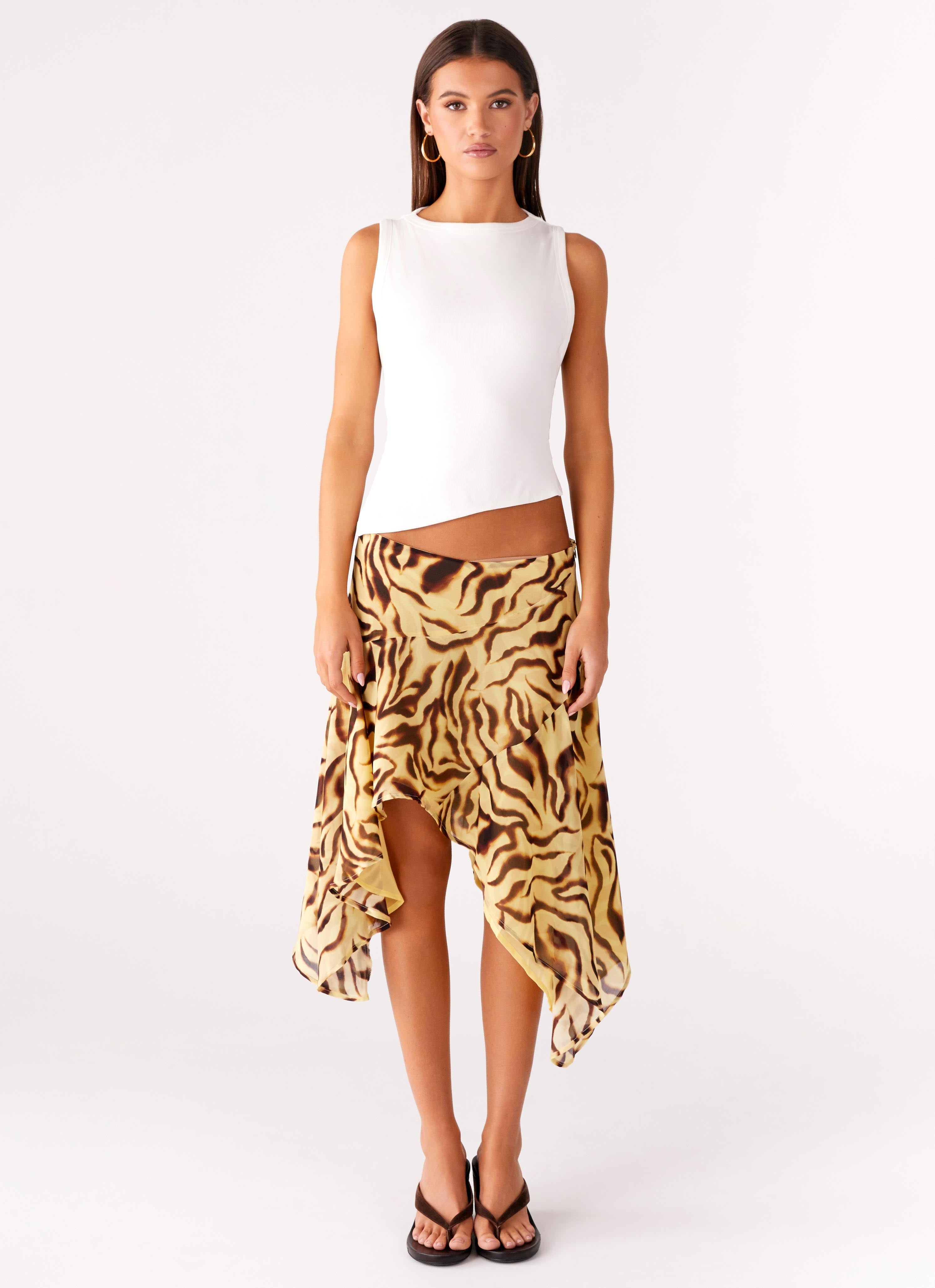 Kia Low Rise Asymmetrical Midi Skirt - Laguna Print