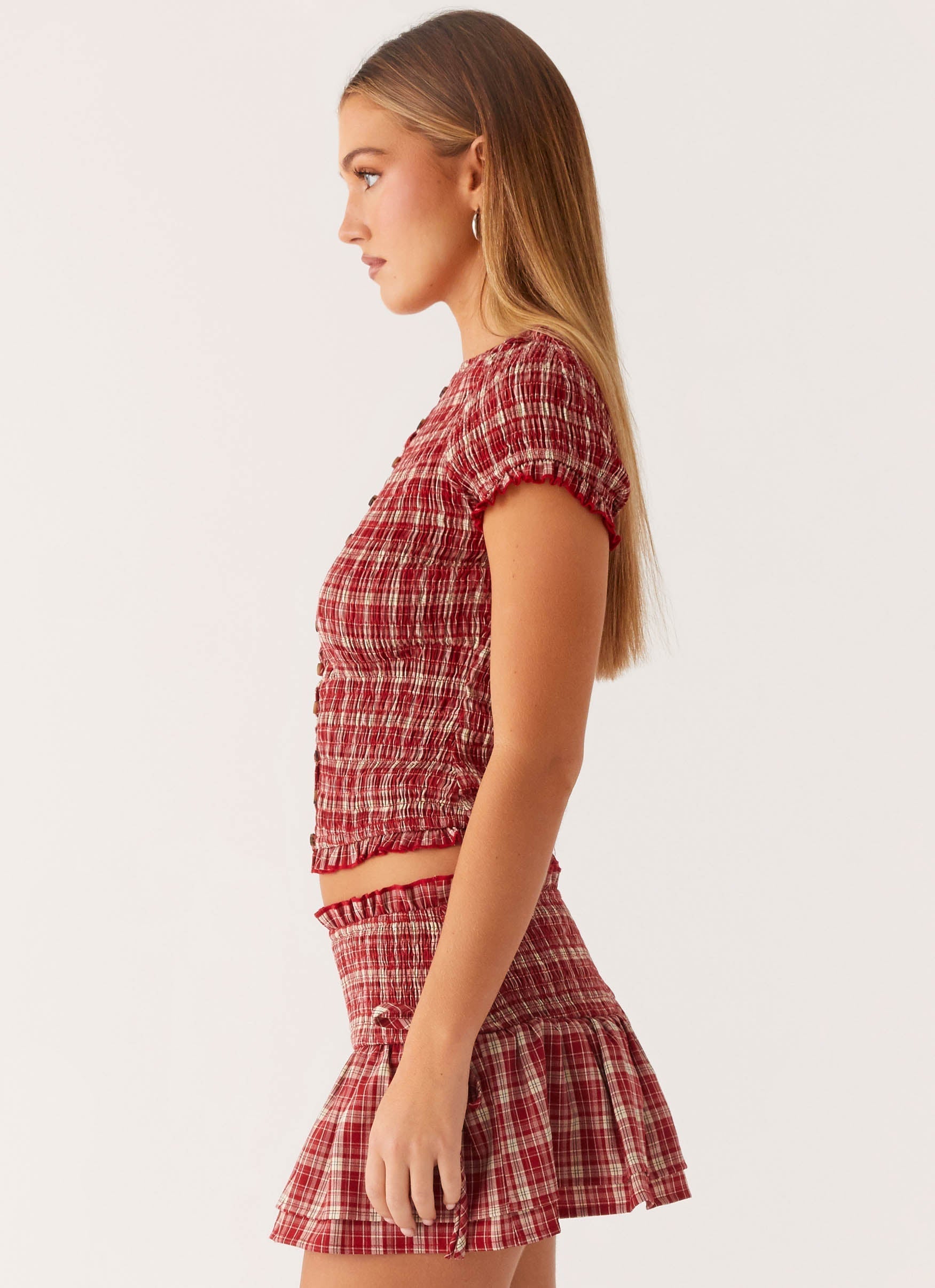 Lenore Button Top - Ruby Check