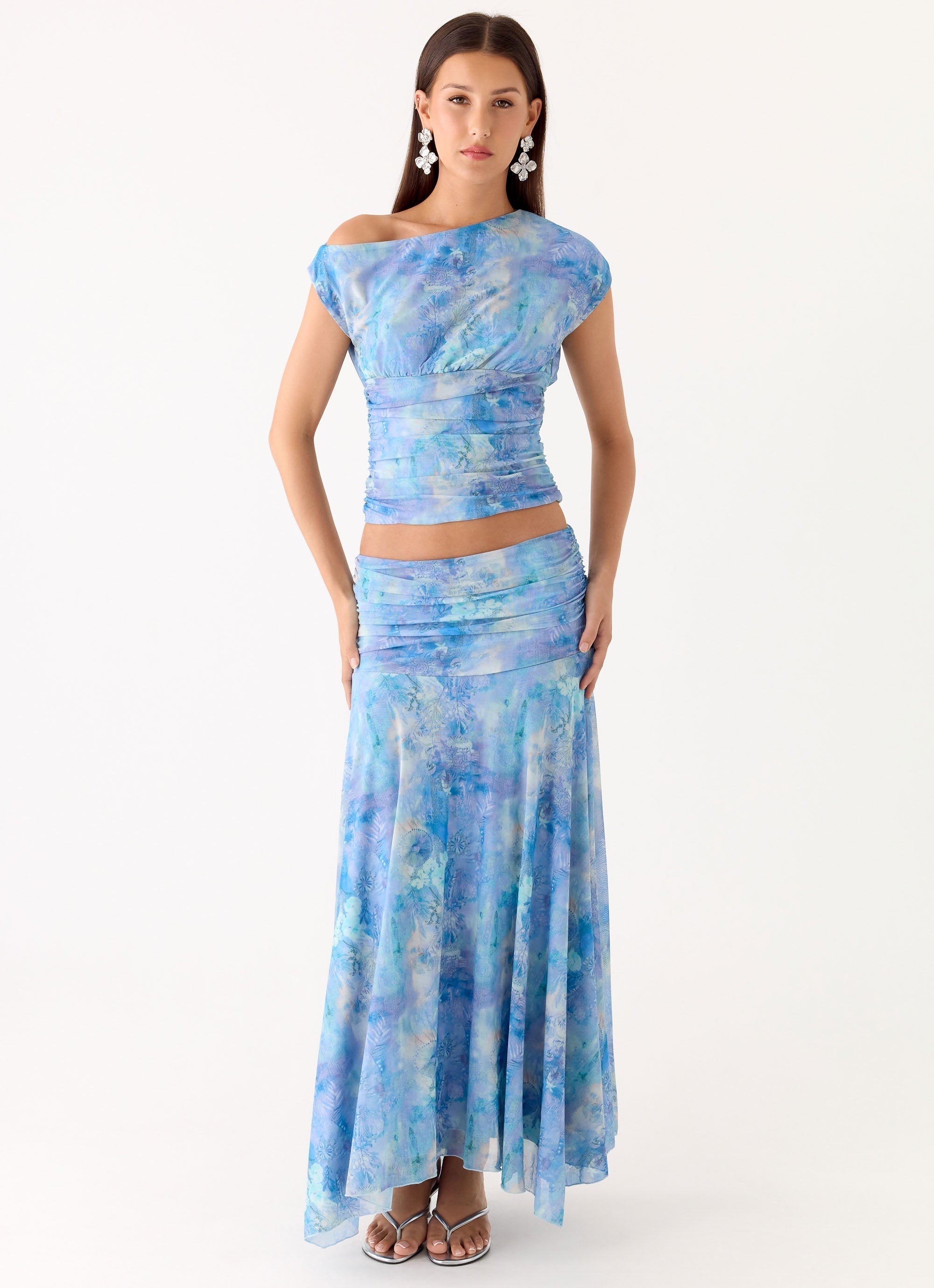 Liana Ruched Maxi Skirt - Aqua Paisley