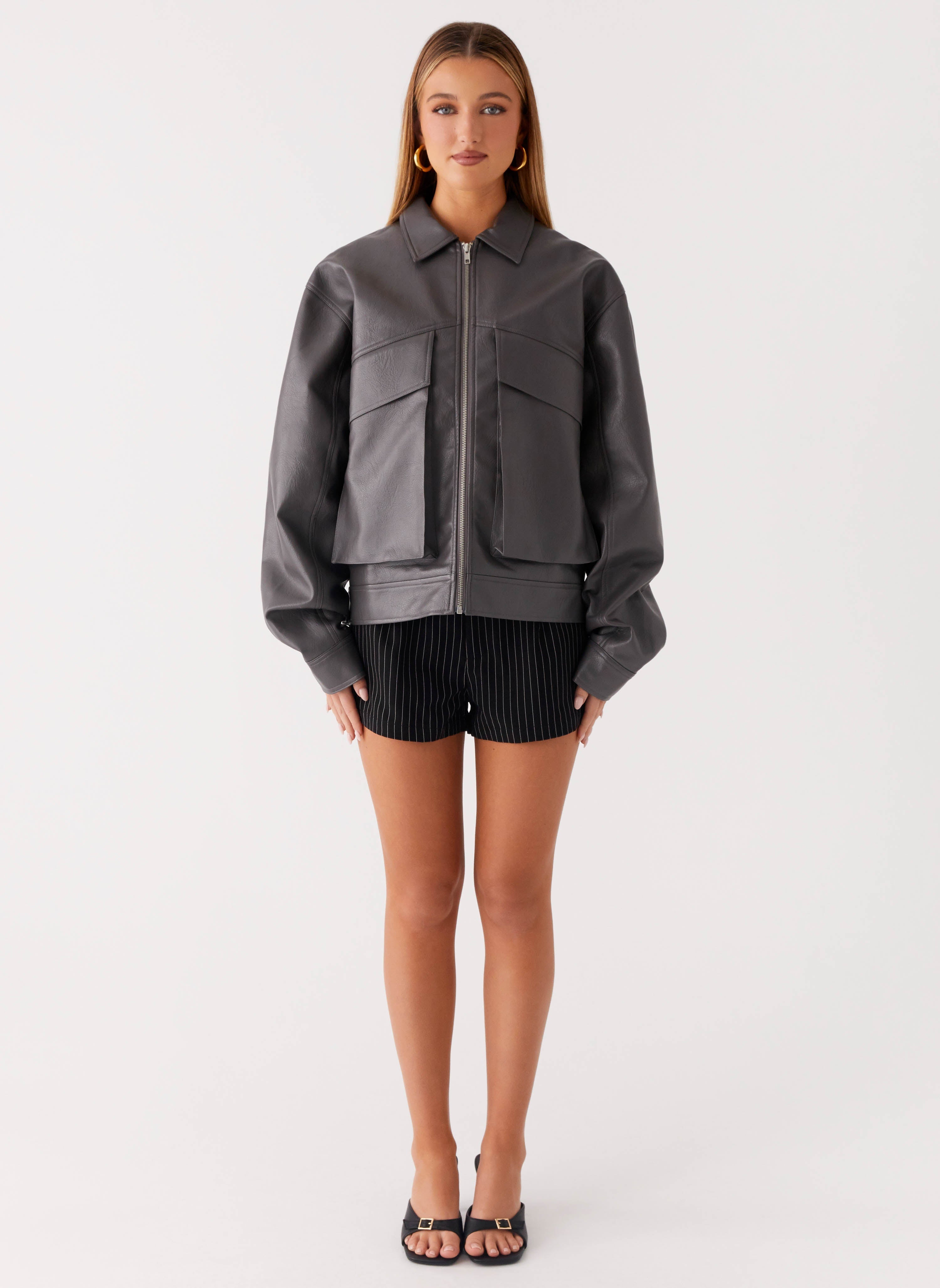 Lula Faux Leather Bomber Jacket - Charcoal