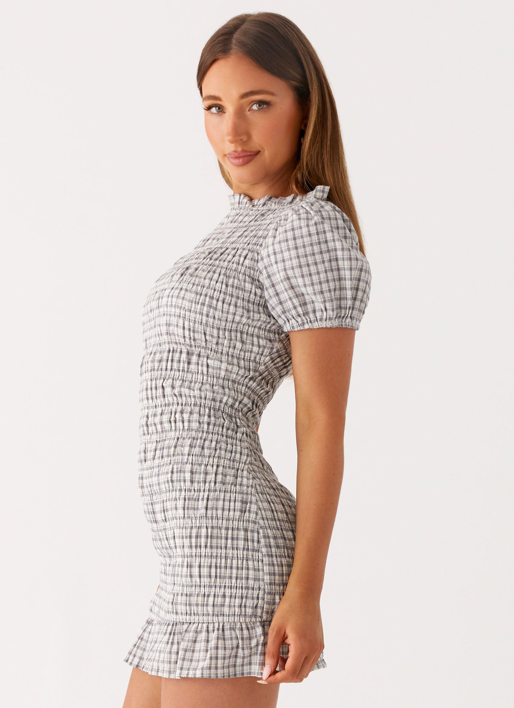 Millicent Ruched Mini Dress - Grey Check