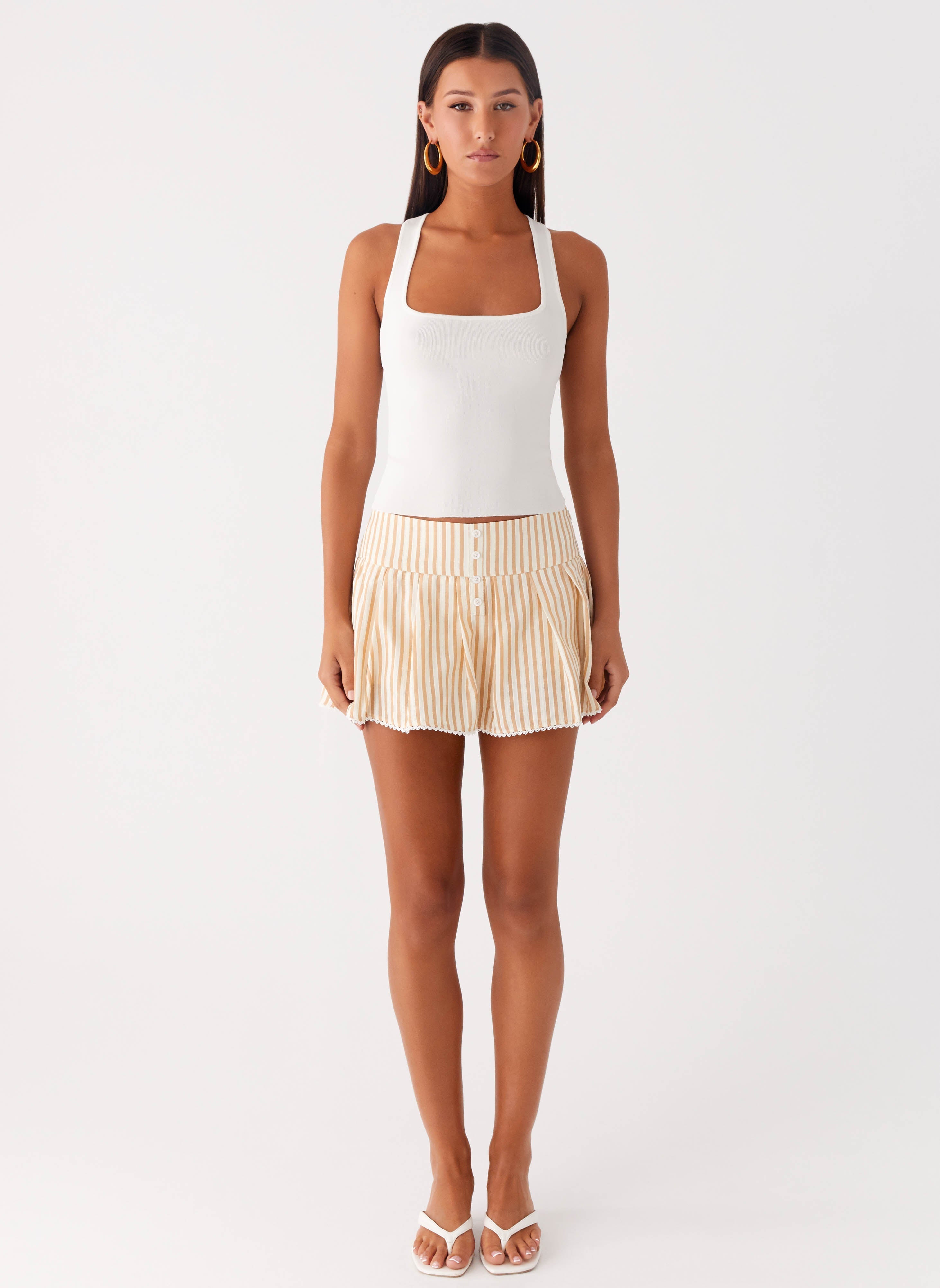 Oliviana Pleated Mini Skort - Taupe Stripe