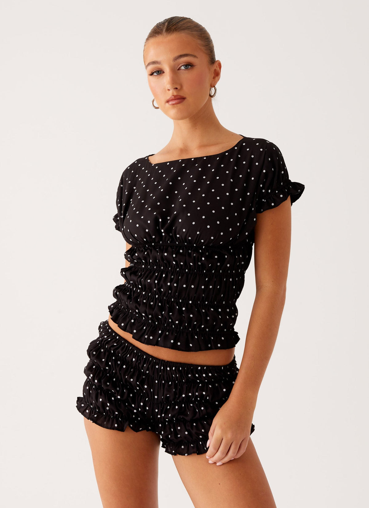 Natalia Ruched Top - Black Polka Dot