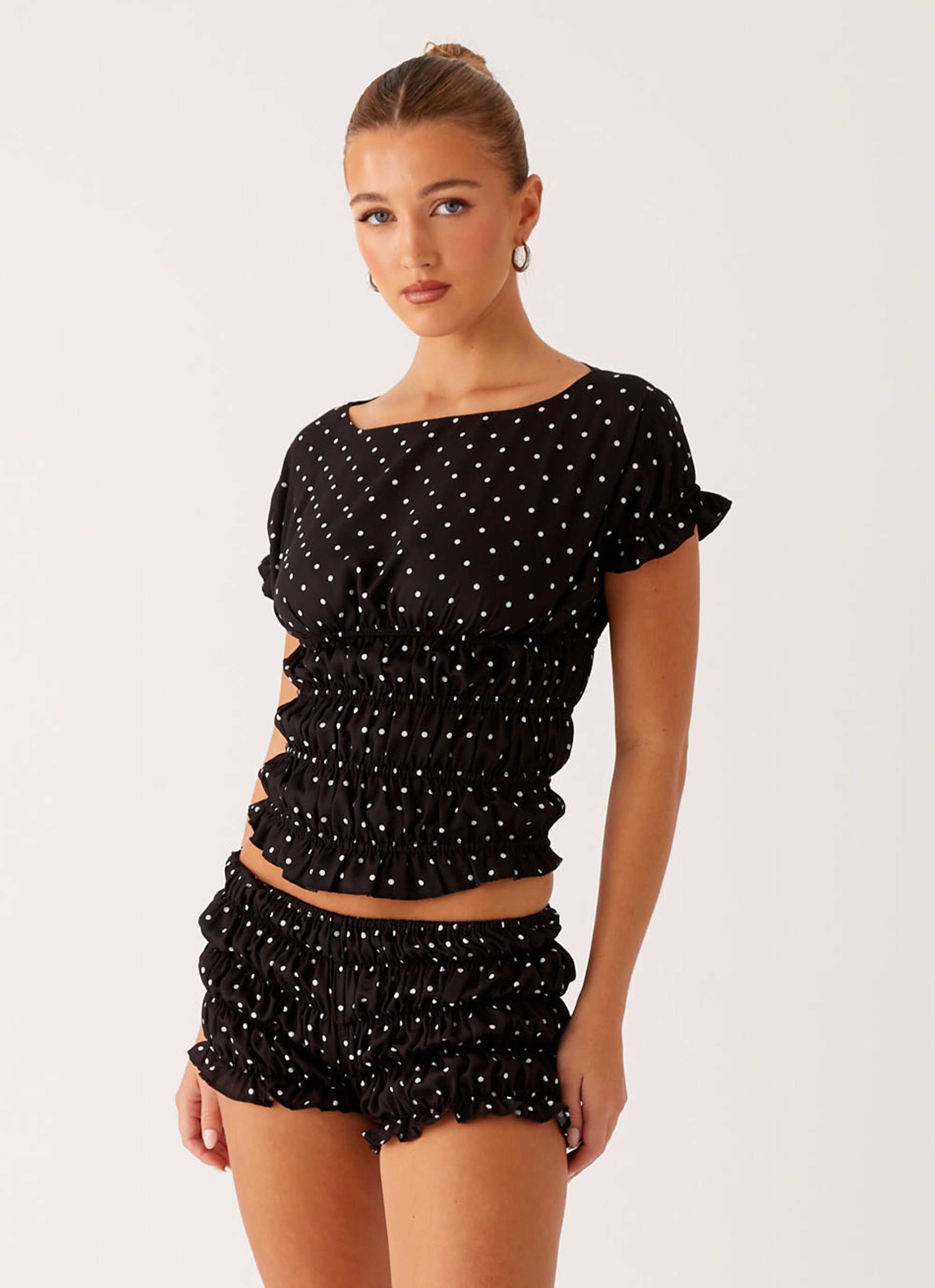 Natalia Ruched Top - Black Polka Dot