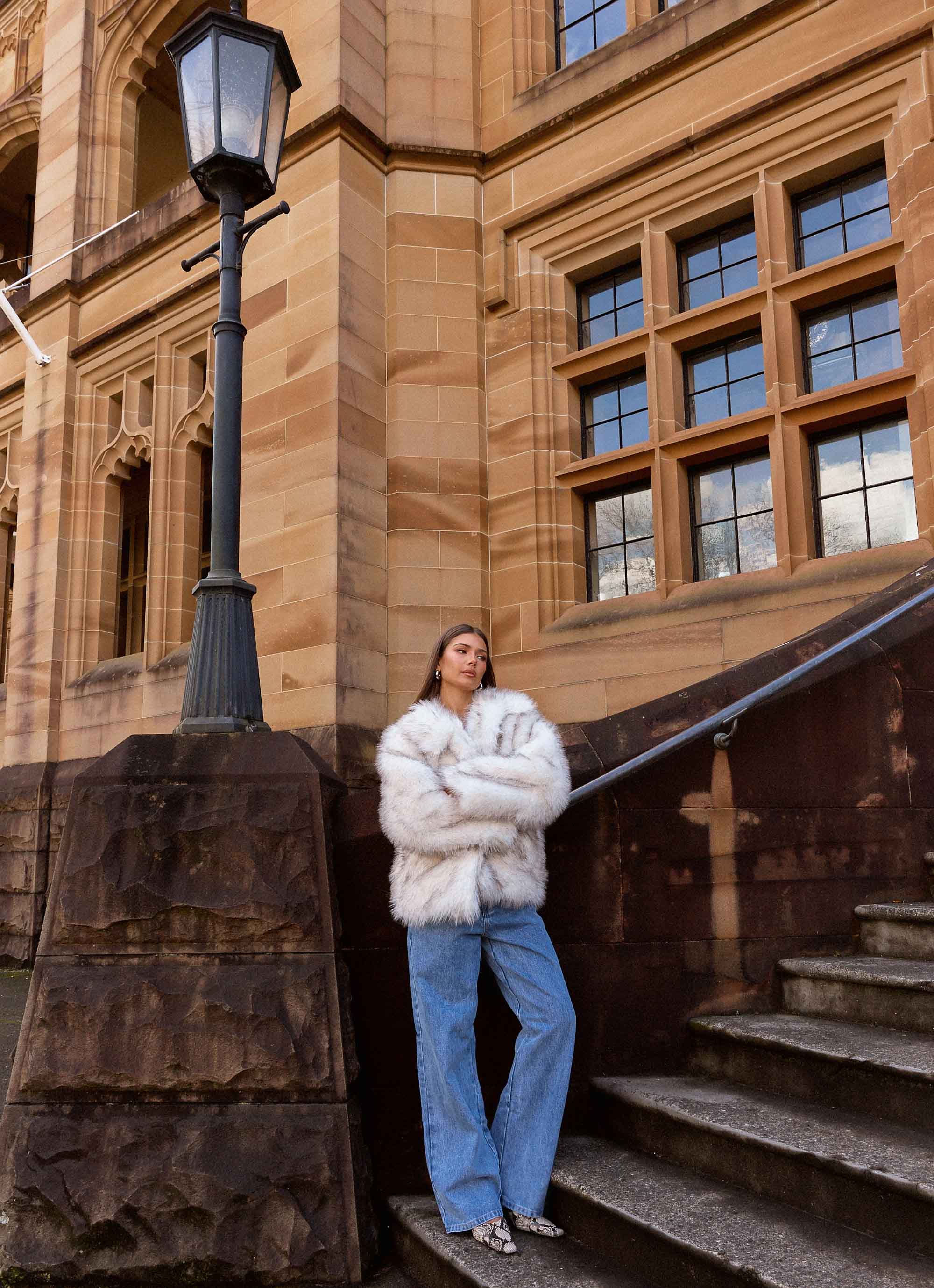Novera Faux Fur Jacket - White Grey