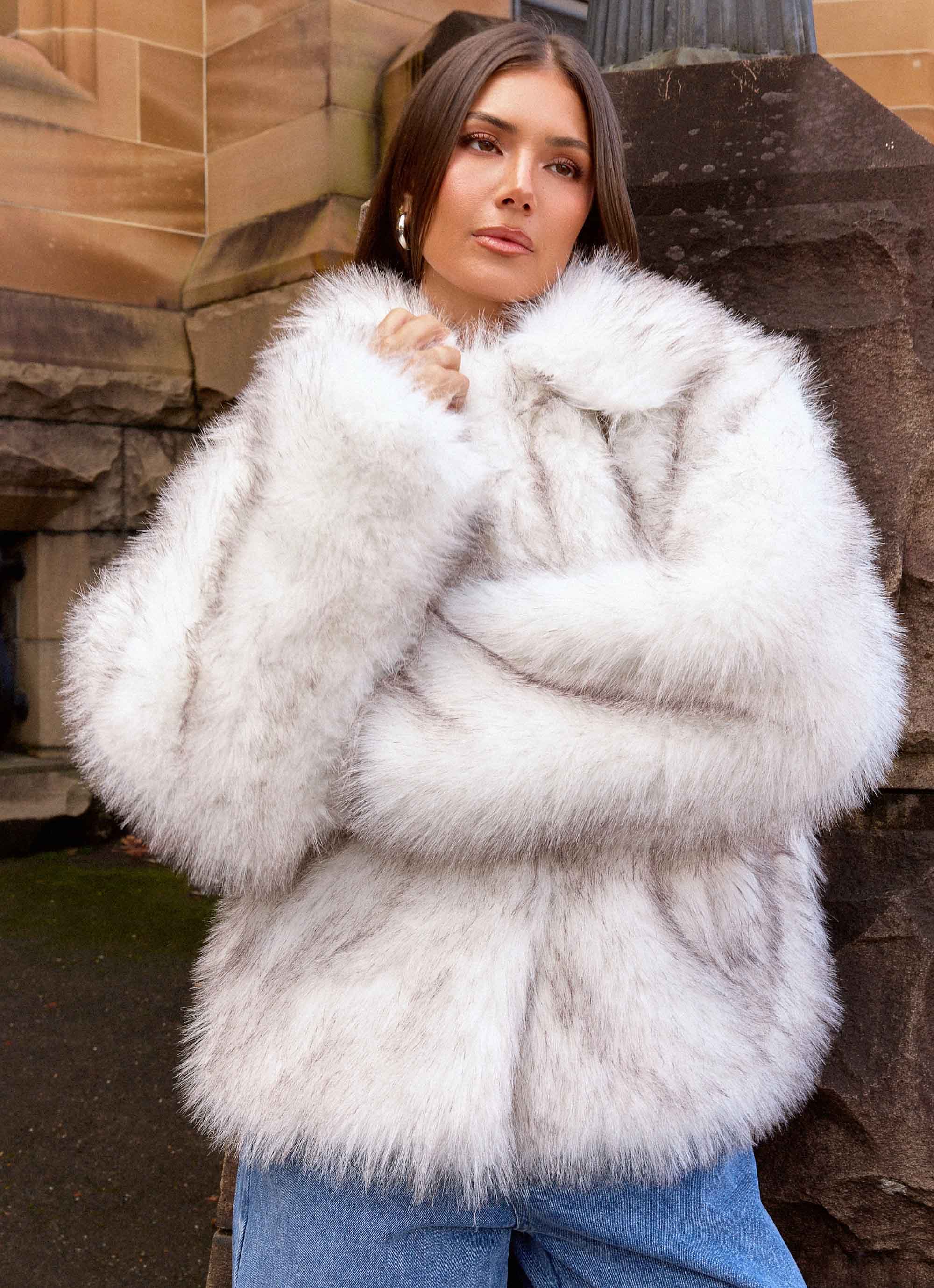 Novera Faux Fur Jacket - White Grey