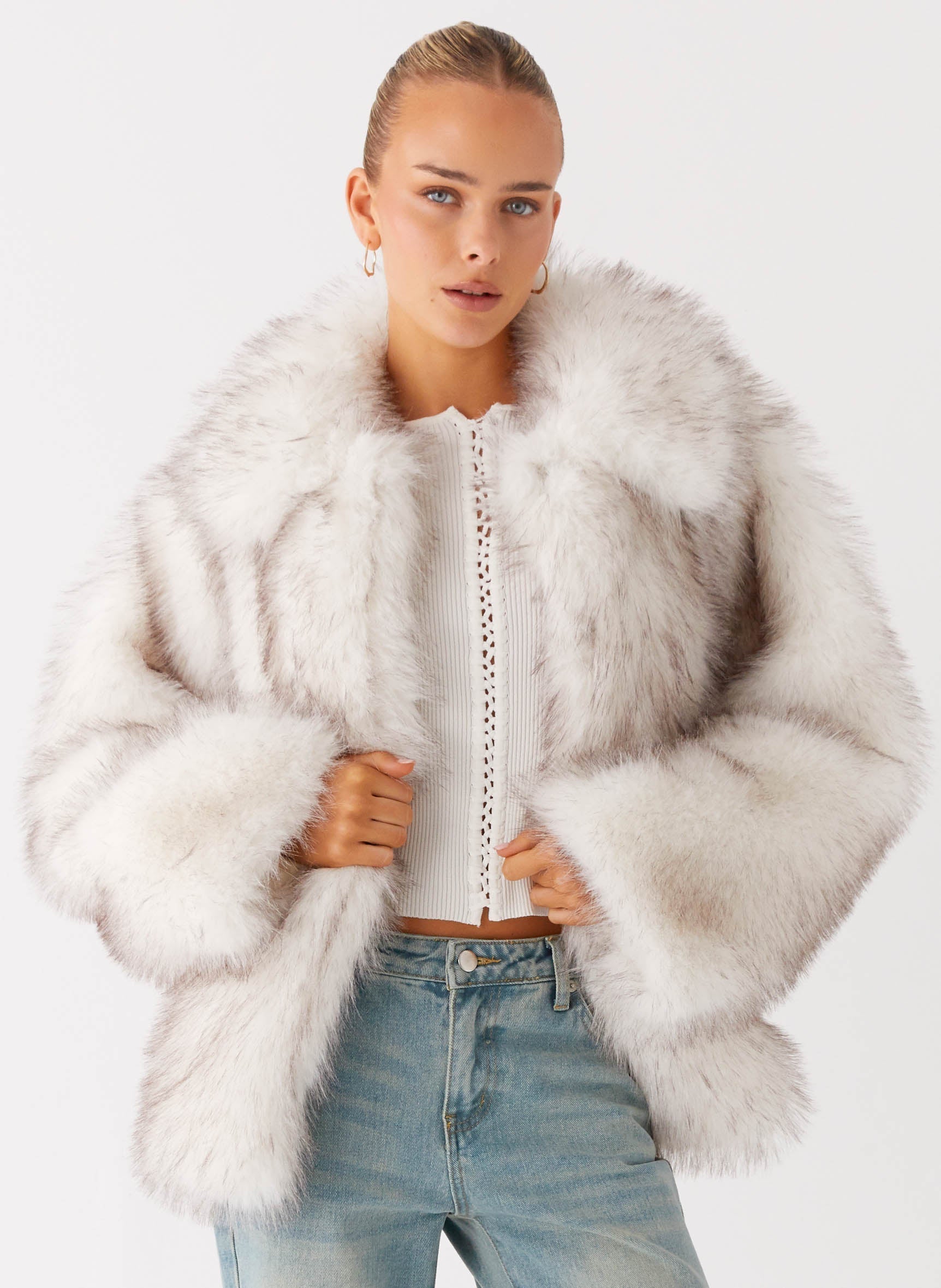 Novera Faux Fur Jacket - White Grey
