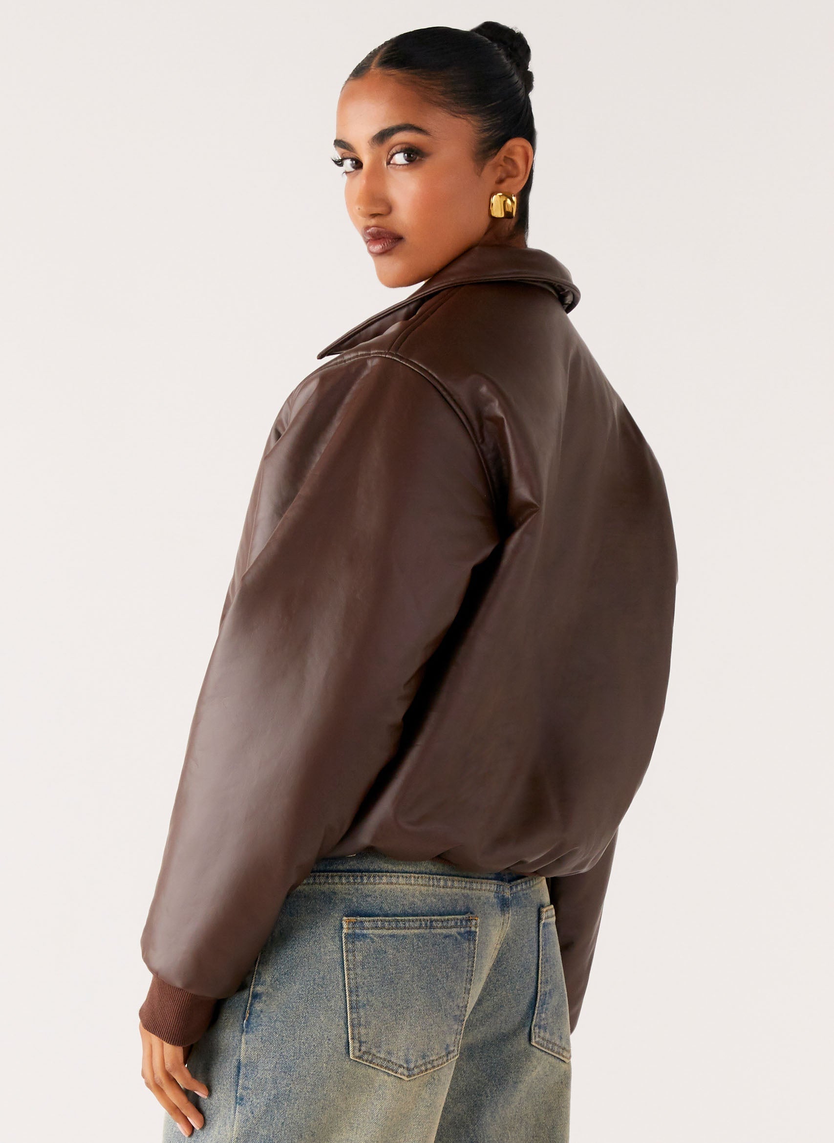 Outlands Faux Leather Bomber Jacket - Chocolate