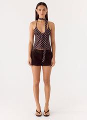 Quiero Backless Top - Chocolate Blue Dot