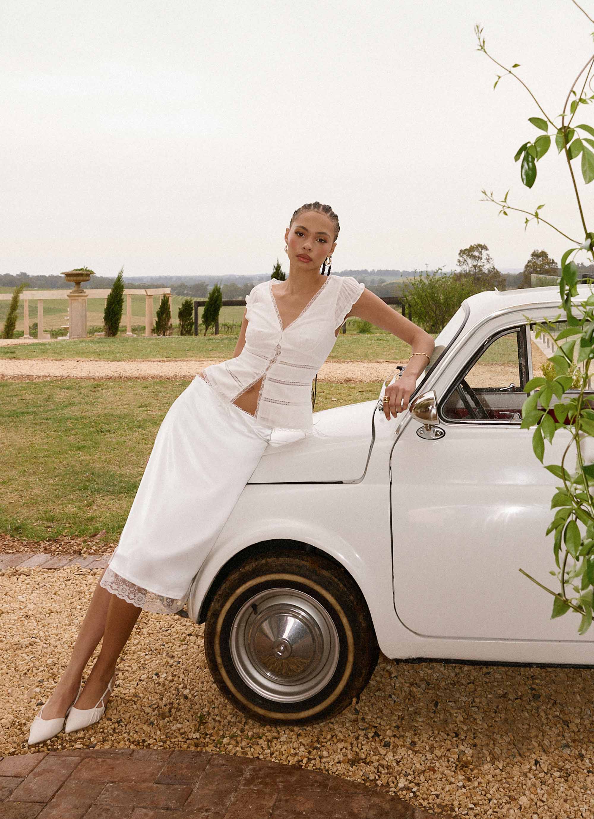 Rina Low Rise Satin Midi Skirt - White