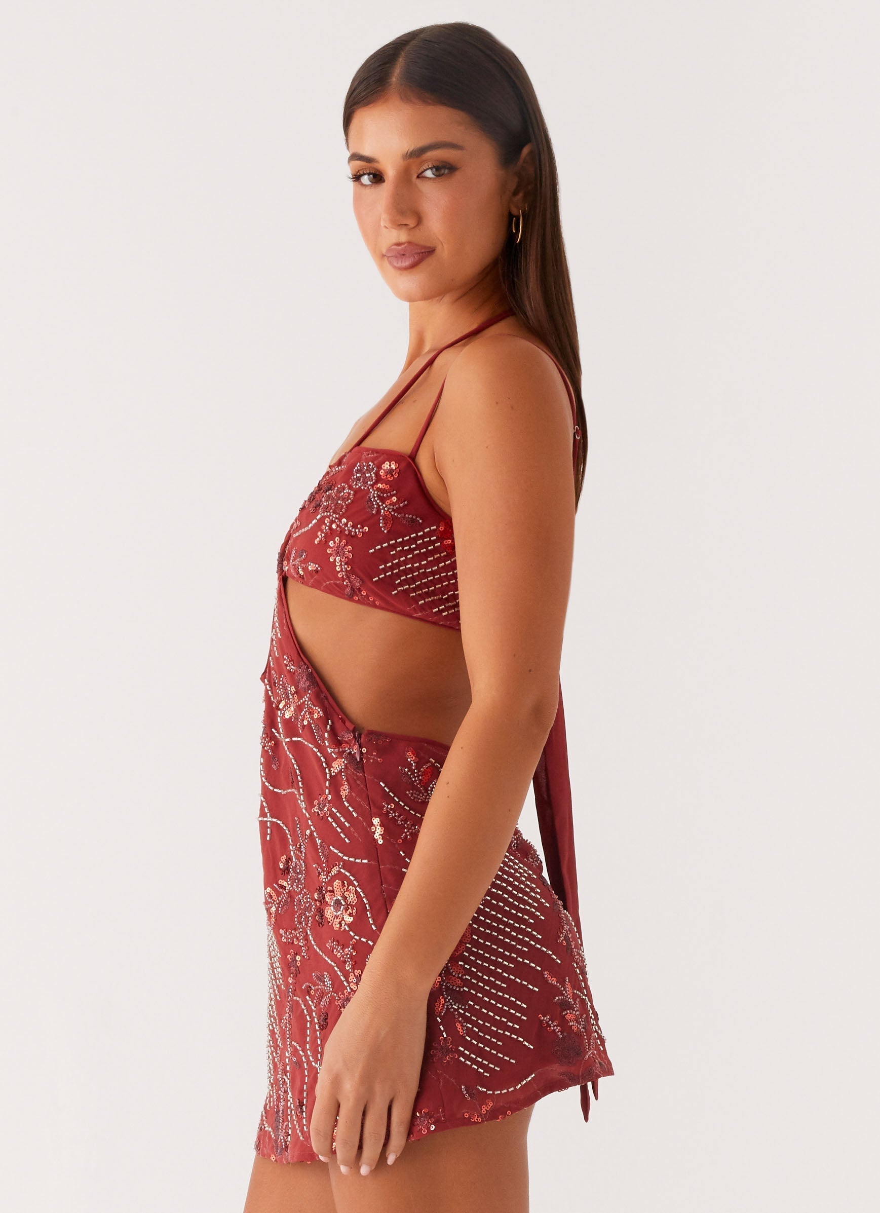 Sahara Nights Beaded Mini Dress - Rust