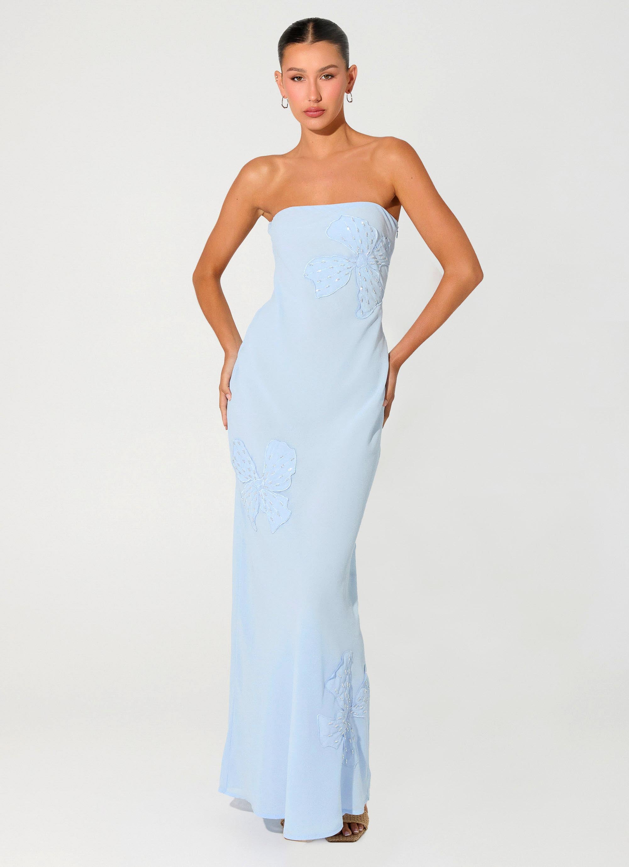 Sassafras Beaded Flower Strapless Maxi Dress - Blue