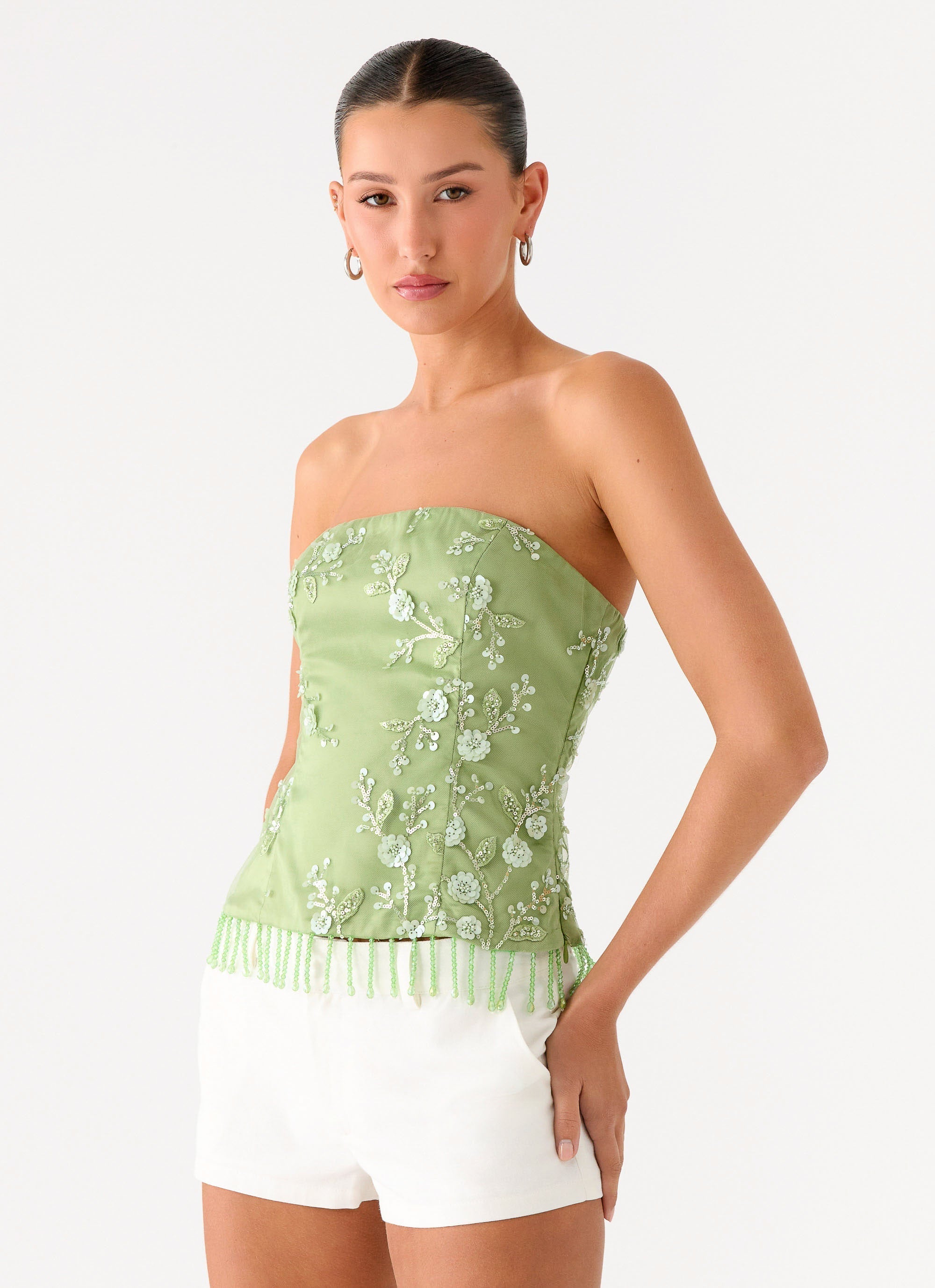 Sea Garden Beaded Strapless Top - Green